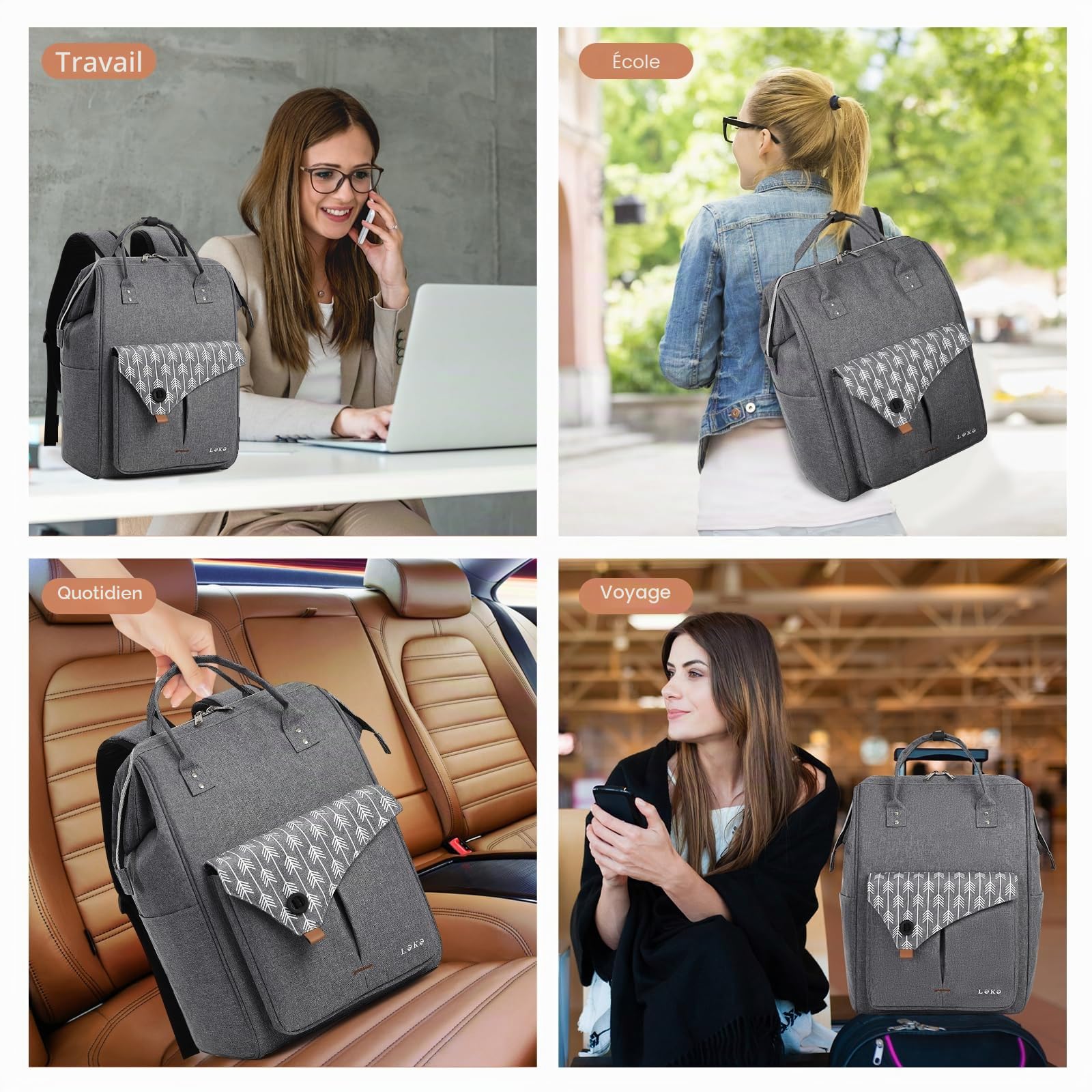 Lekesky Sac à Dos Ordinateur Portable Femme 15.6 Pouces Antivol Imperméable Gris/Noir
