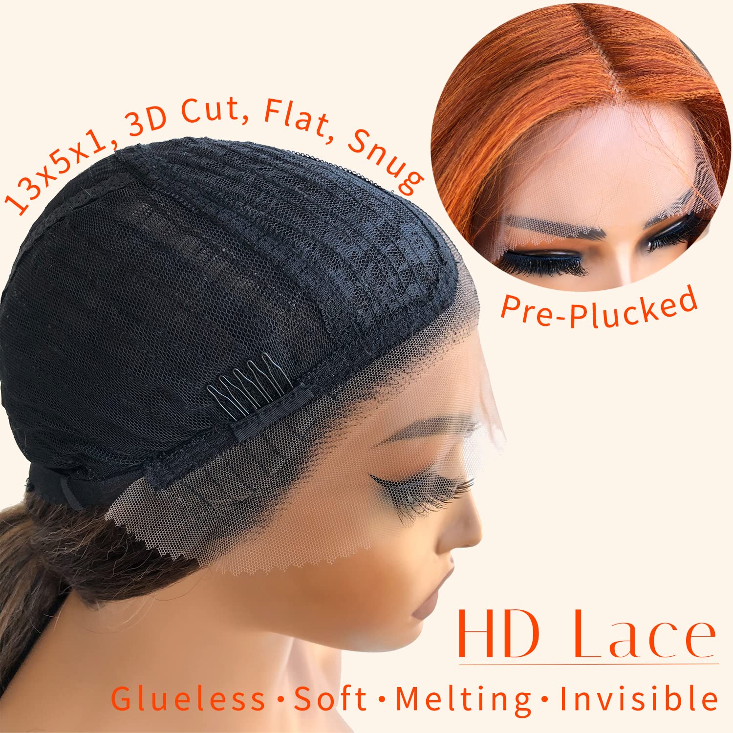 BlackSwern Ginger Wig Ginger Orange Body Wave Lace Front Wig, Glueless Lace Wig, Pre-plucked Pre-layered Body Wave Wig with Curtain Bangs for Black Women, 24