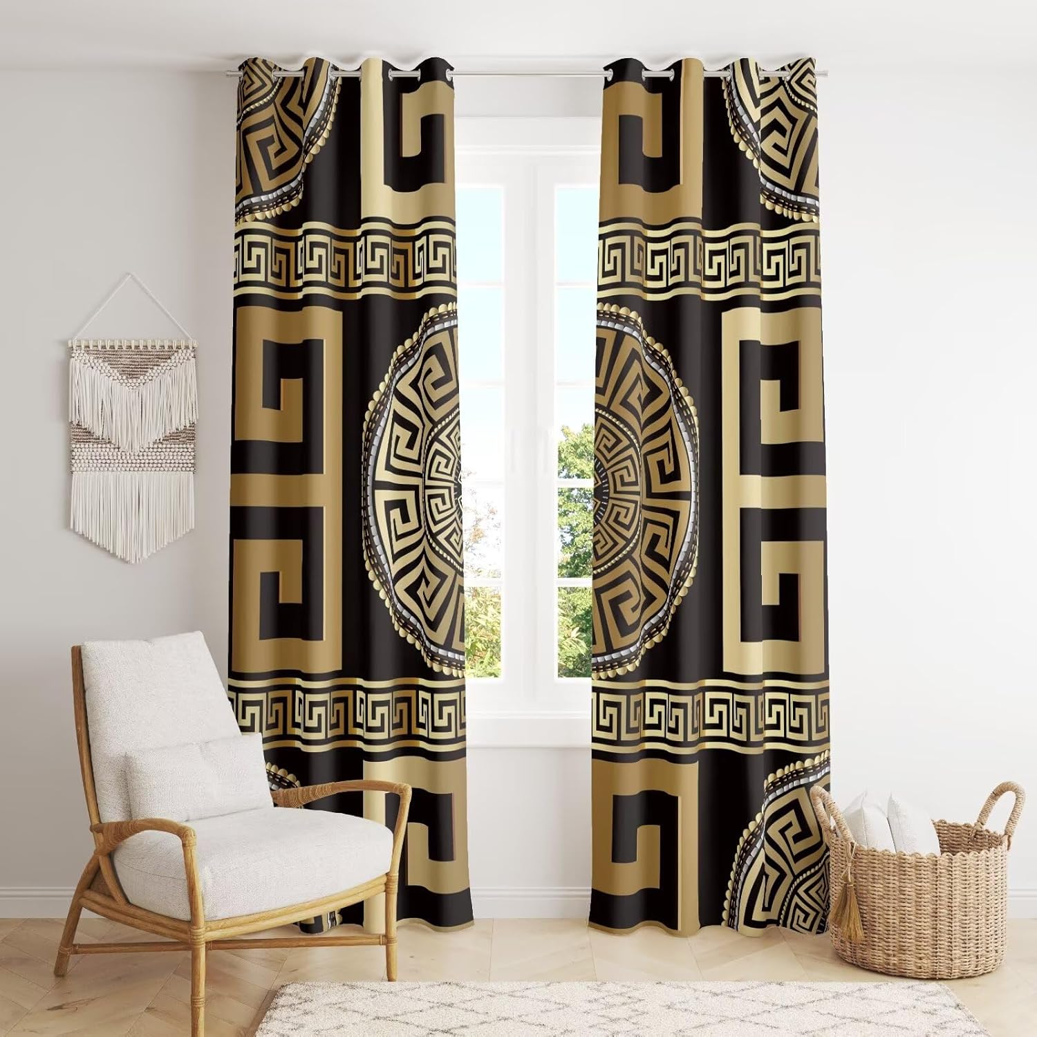 Black Gold Greek Key Meander 3D Retro Print Window Curtain Panel, 3D Geometric Gold Print Luxury Blackout Privacy Drapes, 2 Panels Grommet Light Filtering Window Curtains，Two pieces total 52"W X 84"L