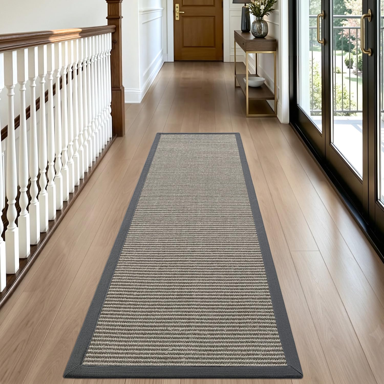 DEXI Jute-Flur-Läufer, 70 x 200 cm, gewebte geflochtene Naturfaser, rutschfester Läufer innen, Bauernhaus-Läufer, Teppich für den Eingangsbereich, Küche, Luandry, Natur/Grau