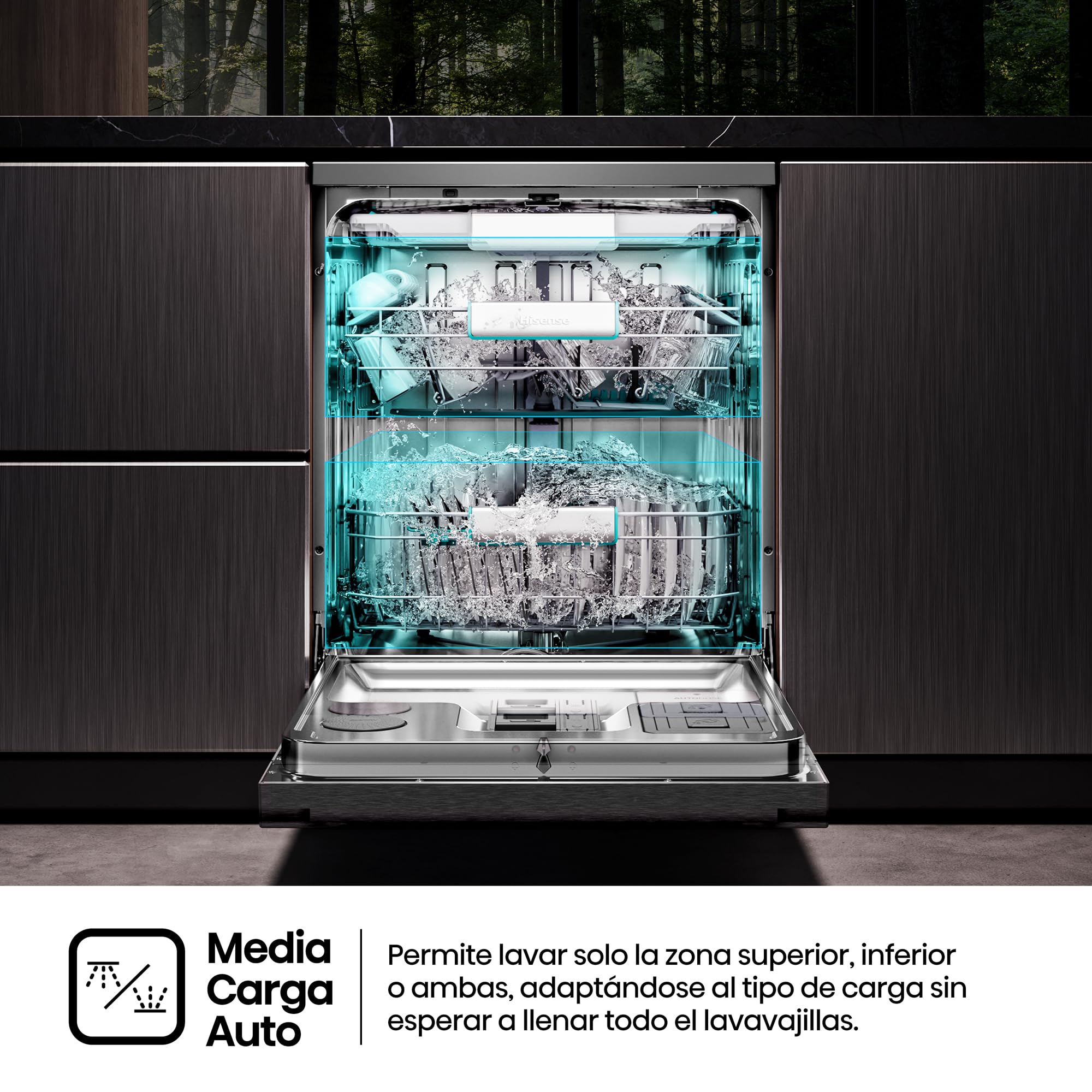 Hisense HS693A90ADBX - Lavavajillas Clase A, 16 Servicios, Fondo 60cm, Pantalla TFT Vision Plus 6.86", Super Wash IA, Programa ECO IA, Secado All Dry, Media Carga Auto, Tercera Bandeja, Inox