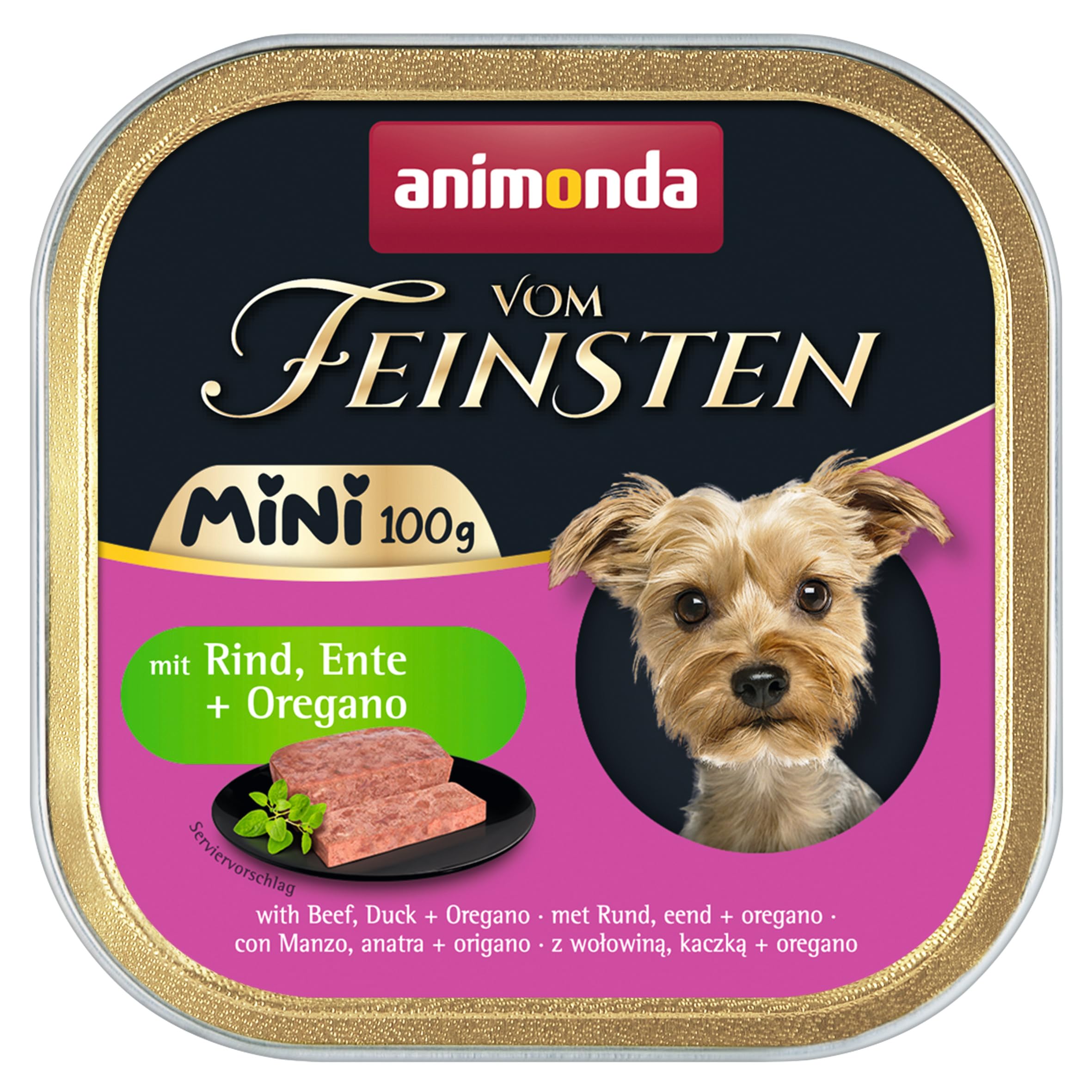 animonda Vom Feinsten Adult Mini – pyszna mokra karma dla psów – dobrze nadaje się dla małych ras – z wołowiną, kaczką + oregano – 32 x 100 g