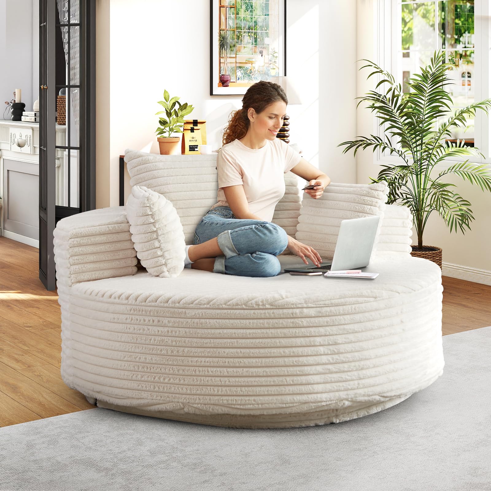360-Degree Oversized Swivel Chair, Modern Round Circle Corduroy Comfy Deep Seat Swivel Accent Chaise Lounge Sofa Chair with Back Cushion & 2 Throw