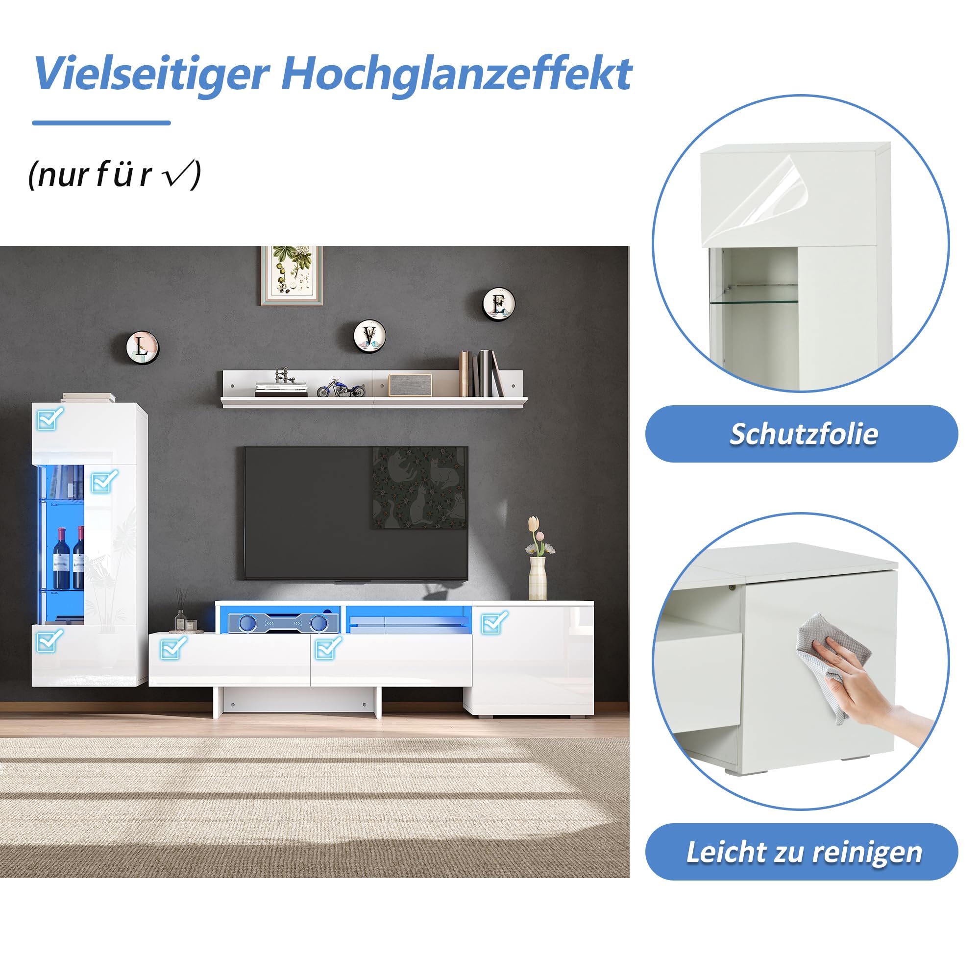 Kebnor TV Wohnwand Set 3-teilig, Hochglanz TV Wohnzimmermöbel-Set mit LED, modernes TV-Schrank,stehend und hängend, Acryl-Schranktüren, Glastrennwand, Weiß, TV bis 70' (Weiß 2)