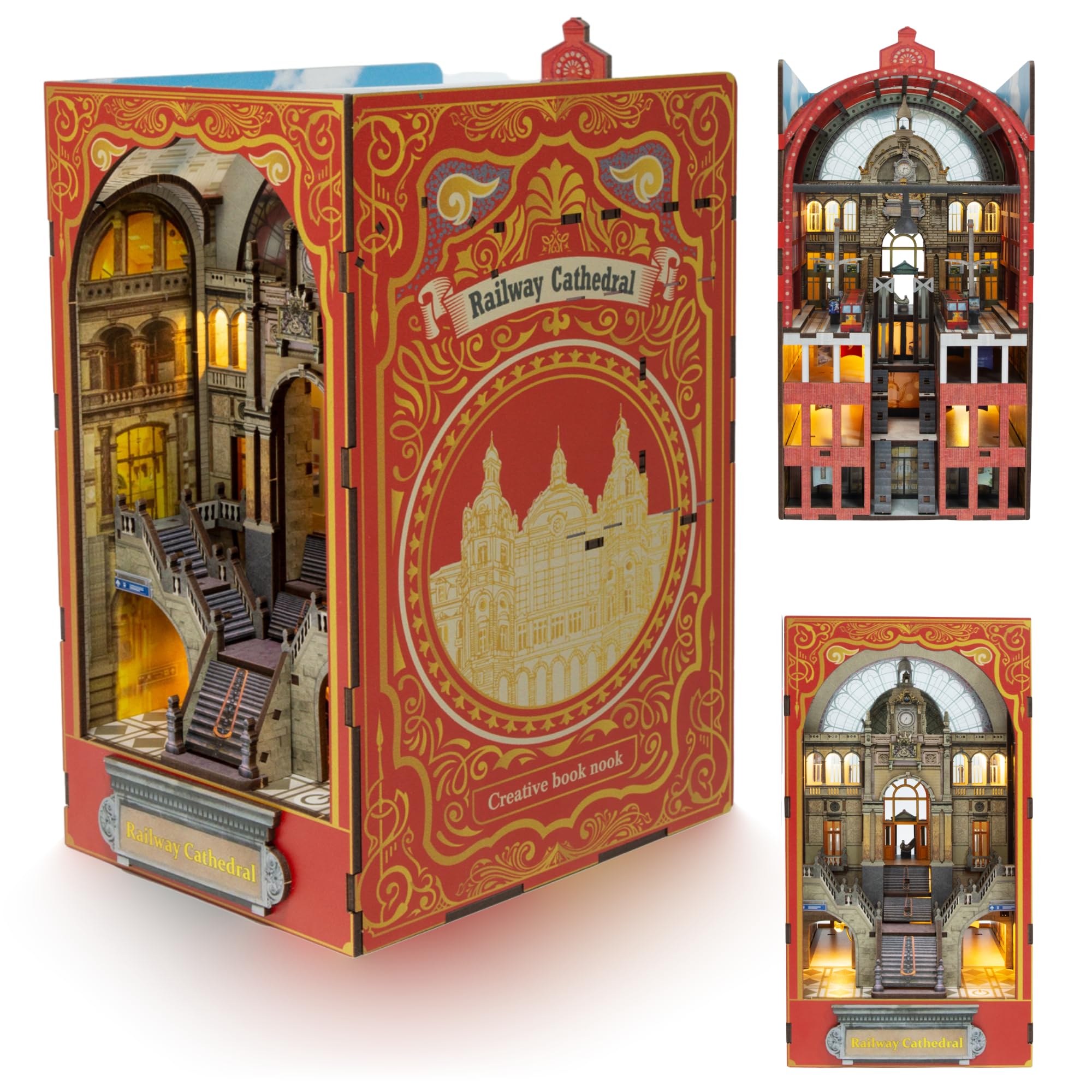 Kit Book Nook – Único maqueta de 2 caras – Casa Miniatura de montaje – Catedral y estación – Invernadero – Kit de modelado de madera con luz LED Casa de muñecas