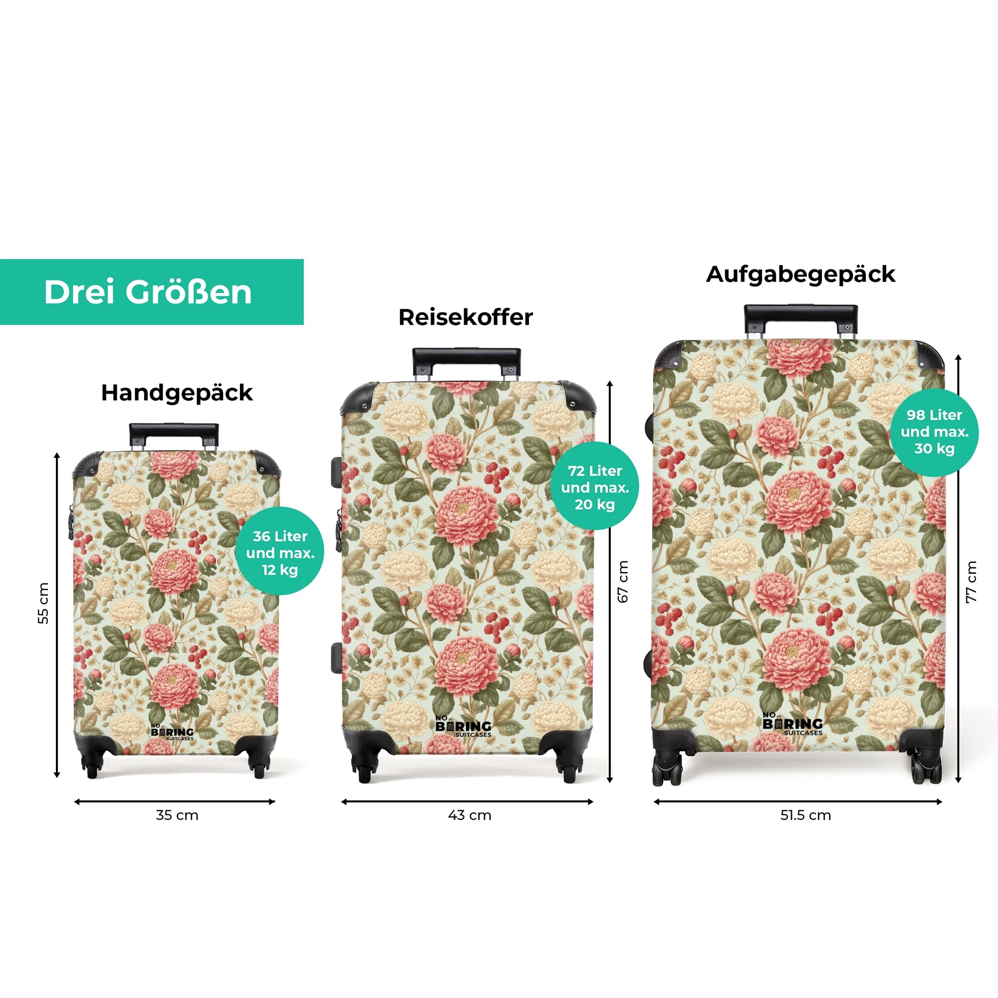 NoBoringSuitcases.com® Koffer Mittelgroß 67x43x25 cm Hartschalenkoffer L Trolley Rollkoffer mit 4 Rollen Leicht Schalenkoffer Mittel Klassisch - Botanisch - Mehrfarbig