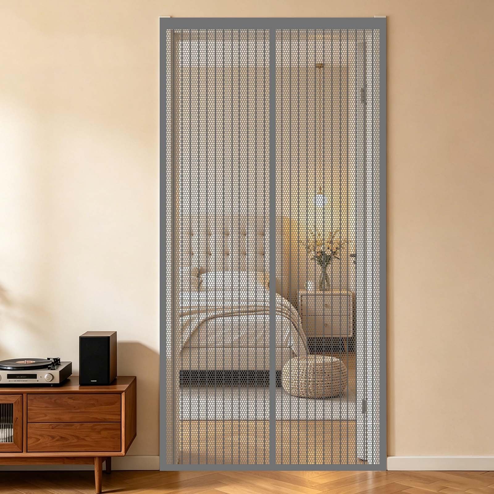 Fly Screen Door 156 x 226 cm Full Frame Magic Tape, Magnet Silent Closure, No Punching Fly Screen Door Bug Mesh Curtain Custom Sizes Magnetic for Bedroom, Sliding, Grey