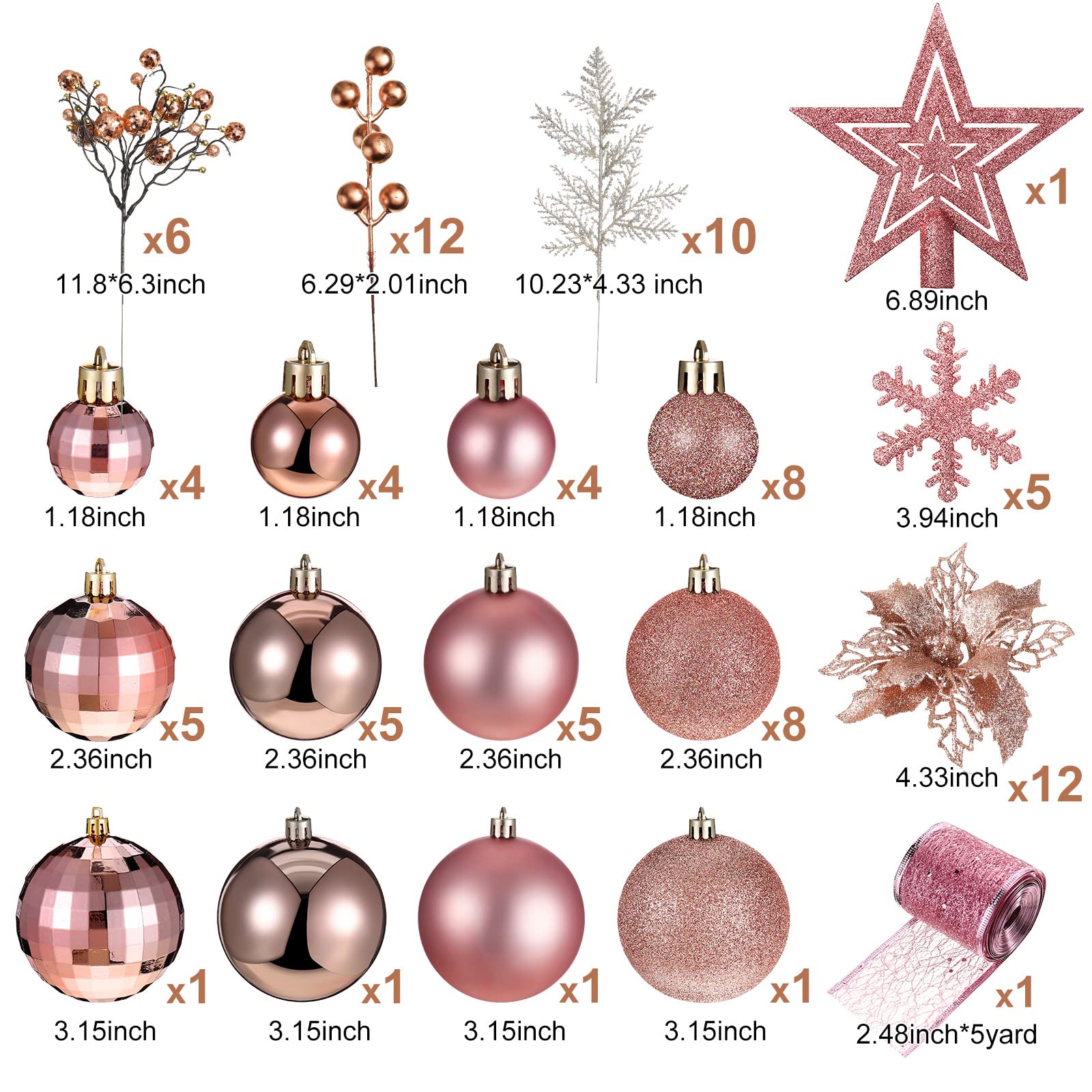 Lot de 94 décorations de sapin de Noël comprenant des boules de Noël à paillettes, des poinsettia à paillettes pour Noël, des vacances, un mariage (or rose)