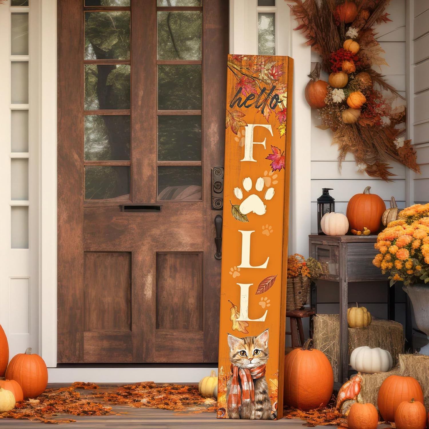 Farmhouse Fall Porch Signs Outdoor 47" Wooden Hello Fall Porch Decorations for Home Orange Large Cat Maple Leaves Autumn Vertical Sign Outside Thanksgiving Decoration for Autumn Party Decor Home