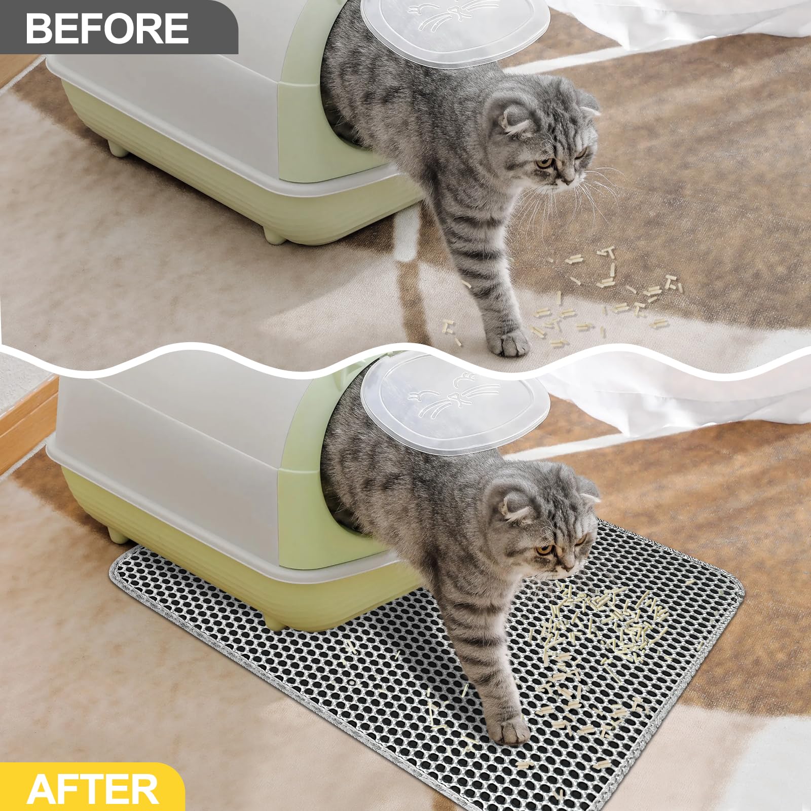 Katzenklo Matte 60x45 CM mit Klettverschluss und Großes Loch Design, Katzenstreu Matte Doppelte Wasserdichte und Rutschfeste, Katzenmatte Katzenklo Ungiftiges Material, Cat Litter Mat Grau