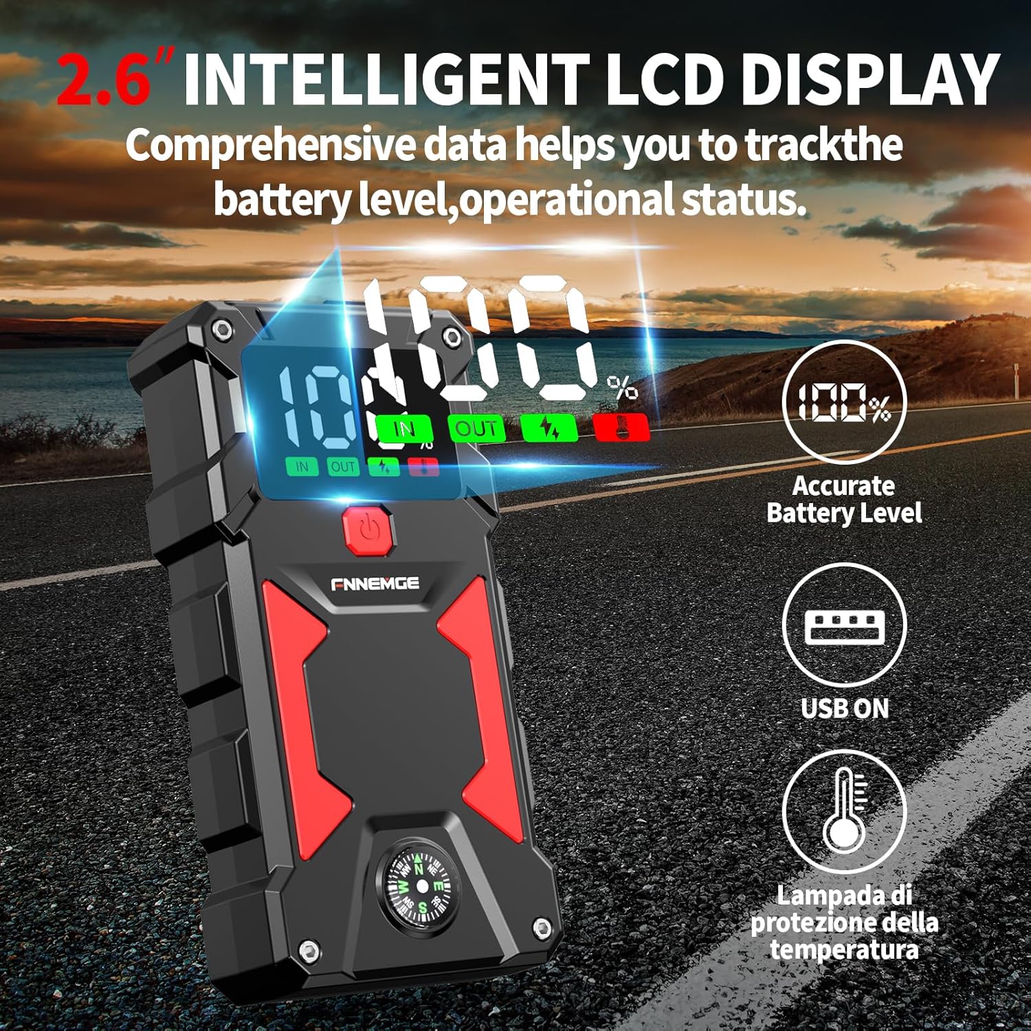 FNNEMGE jump starter with its intelligent LCD display showing battery percentage and operational status, along with icons for USB and temperature protection.