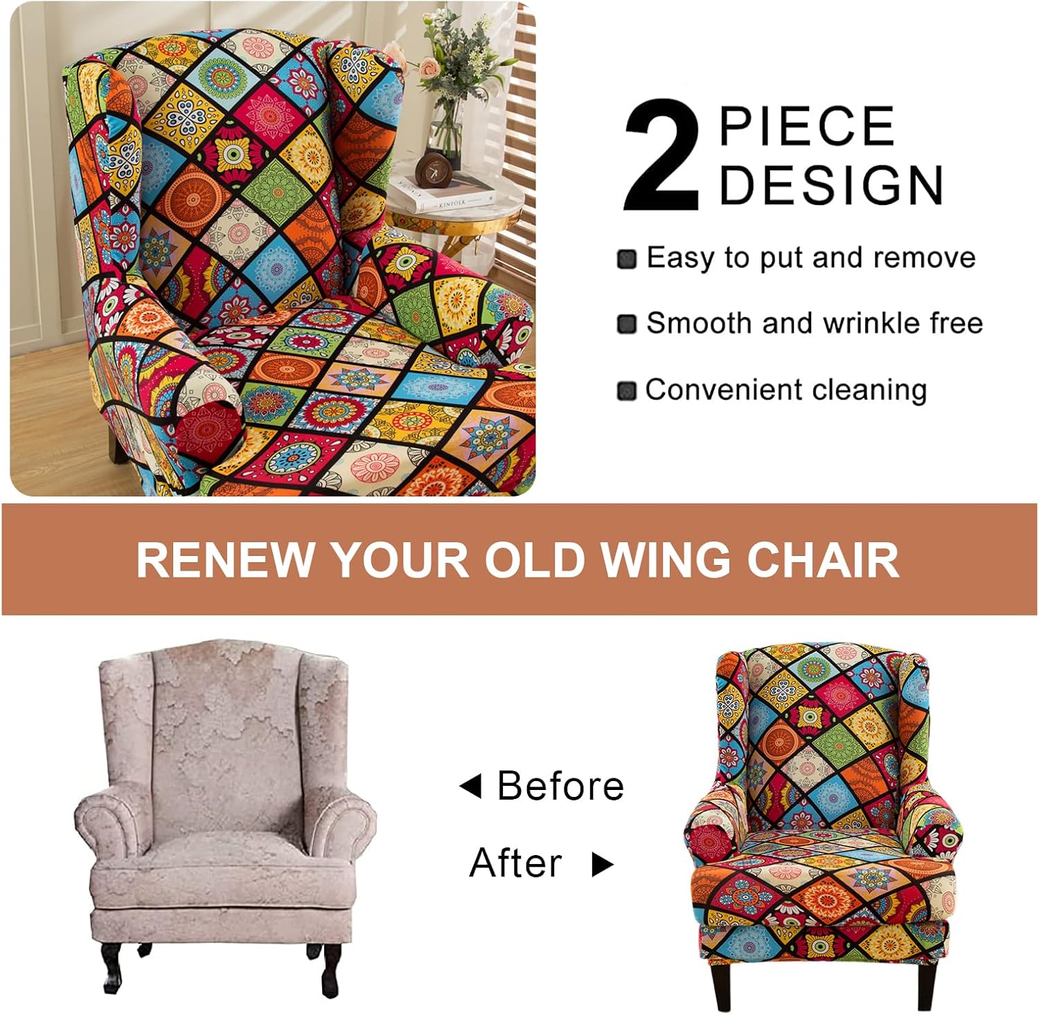 Eco-Ancheng Chair Covers Wingback Chair Slipcover 2-Piece Stretch Wing Chair Slipcovers Wingback Armchair Covers Slipcovers for Wingback Chairs with Elastic Bottom Wing Chair Covers for Living Room