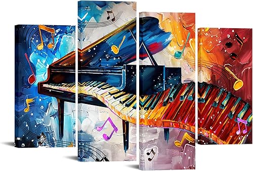 Biuteawal 4 impresiones en lienzo de piano, notas musicales rojas y azules, arte de pared, teclas de piano, impresiones de imágenes, decoración de