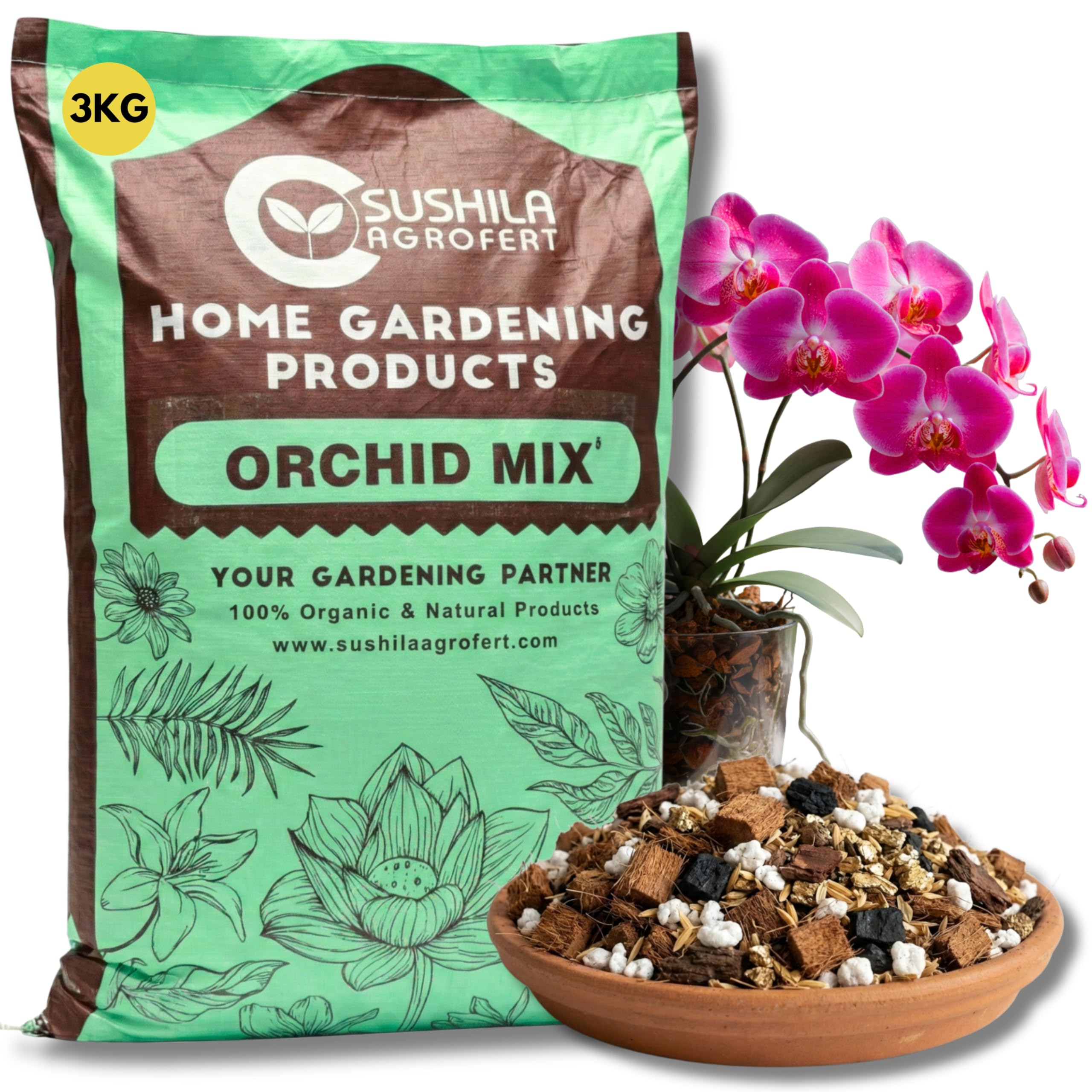 Orchid Potting Mix 3KG | Chunky Orchid Potting Soil Mix for Healthy Roots & Flower Boost | Growth Booster Hydroponics & Soil Amendment for Indoor & Outdoor Orchids Drainage-Aeration