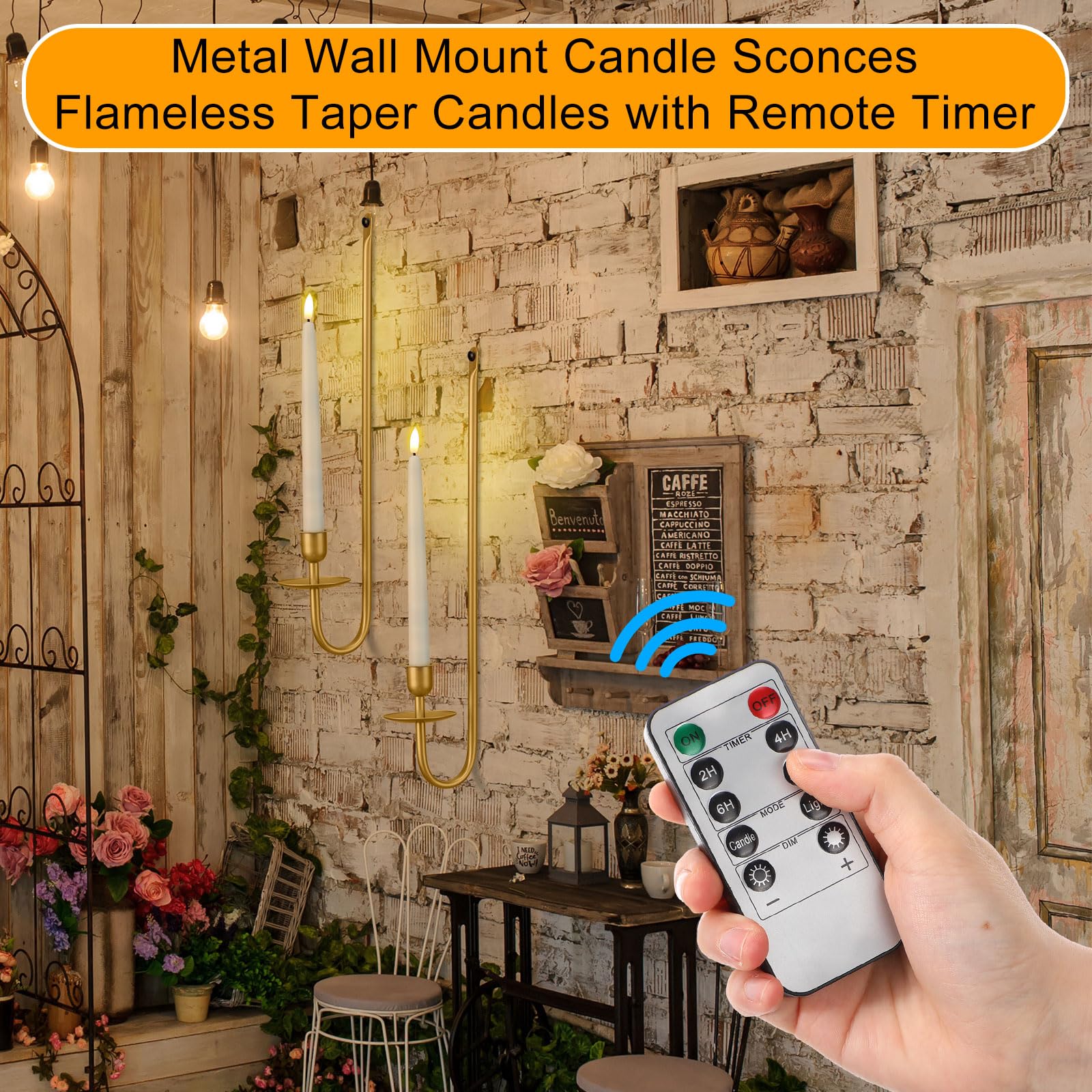 tessco for You - Juego de 2 candelabros de metal para montaje en pared con velas cónicas sin llama y temporizador remoto, velas LED de 9.6 pulgadas, portavelas de pared colgante de 16.5 pulgadas para
