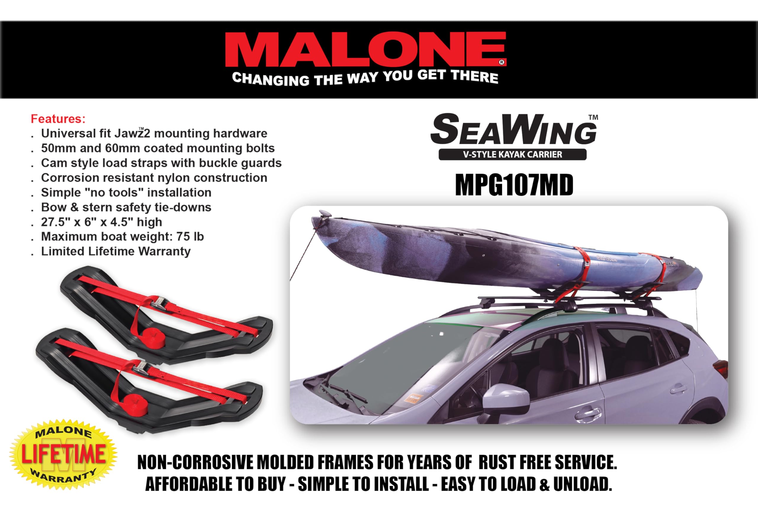 Malone SeaWing uniwersalny bagażnik samochodowy na kajak z linami dziobowymi i rufowymi