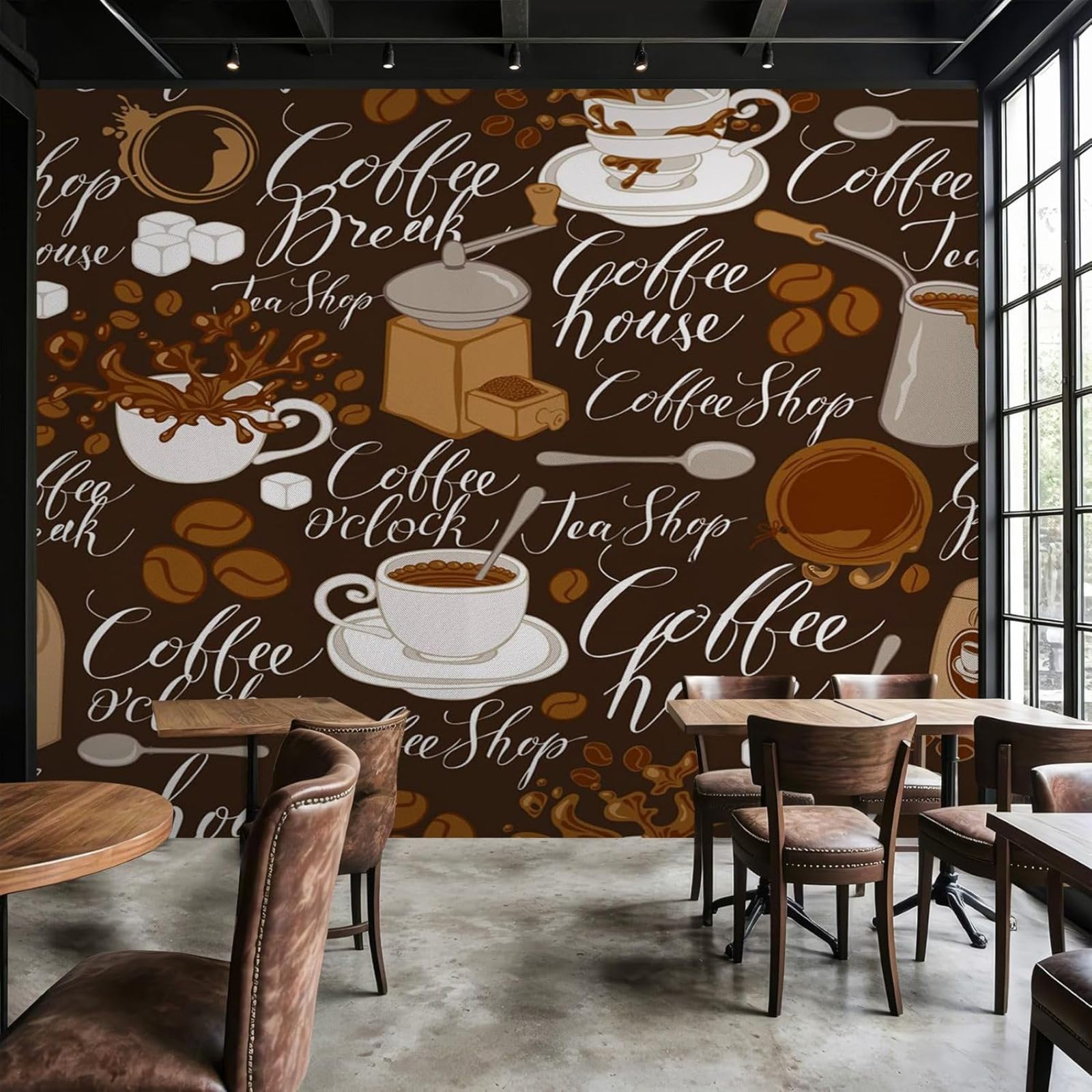 Carta da parati con motivo a tazza di caffè e chicchi di caffè, marrone e bianco, moderna, per soggiorno, camera da letto, bar, cucina, decorazione murale, 400 cm x 280 cm