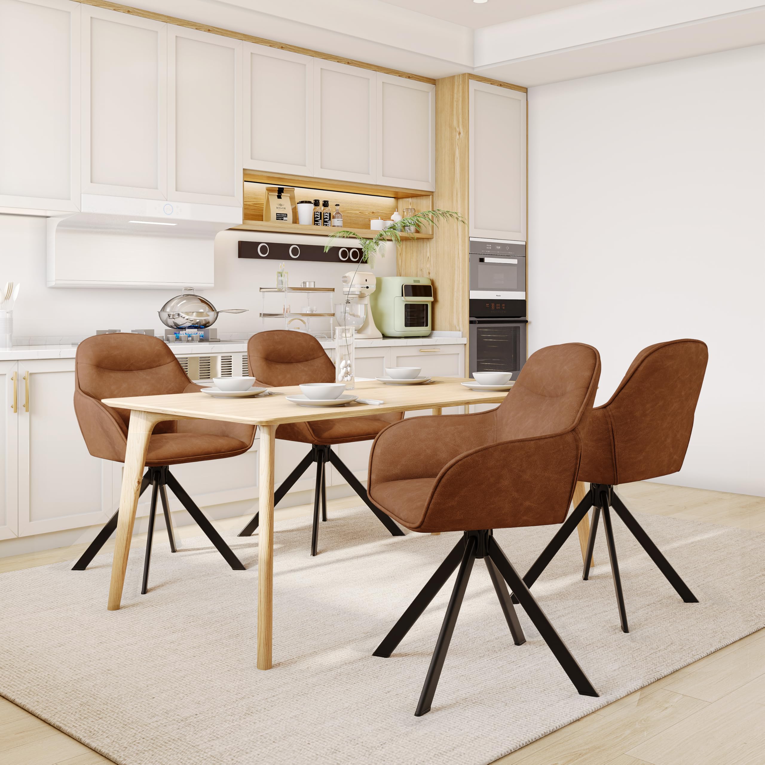 Pack de 2 Sillas de Comedor Giratorias con reposabrazos, Silla Giratoria 360°, Silla en Piel sintética, Silla de Oficina o Cocina, Marrón
