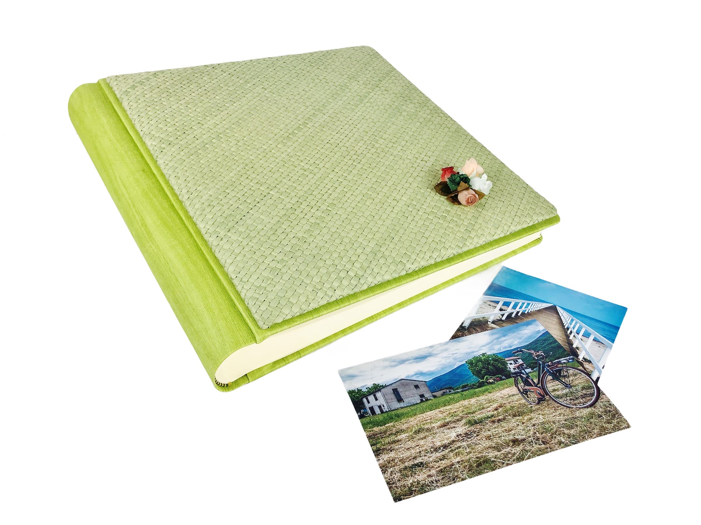 TriVin Art Álbum de fotos artesanal fabricado en Italia en imitación de piel fina y panel de canasta varios colores. (30 x 30 cm, 40 hojas de marfil) apto para cualquier evento (verde, canasta verde)