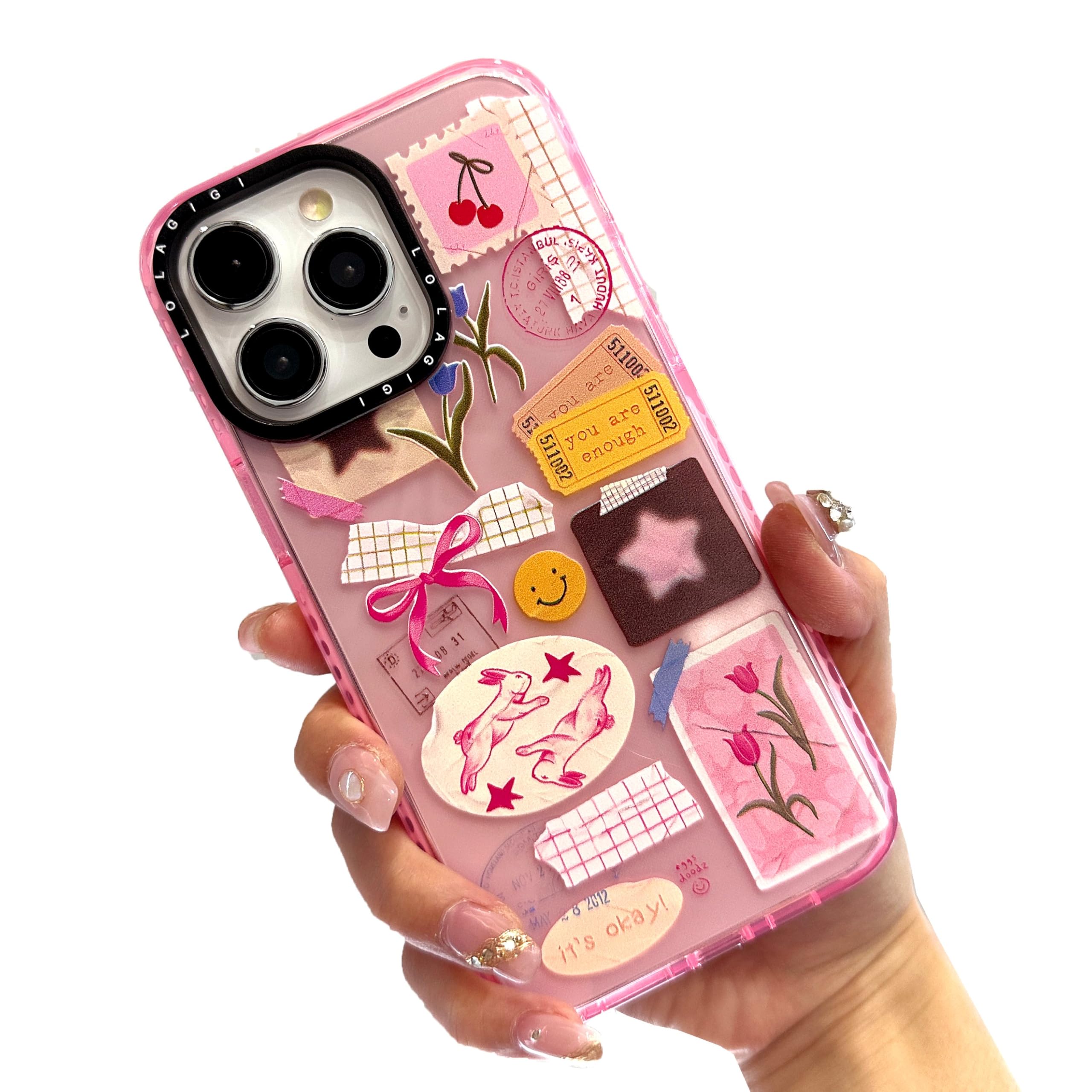 Case for iPhone 16 Pro Max Cute Pink Art Collage Print Kawaii Design Girly Aesthetic Cartoon Pattern for