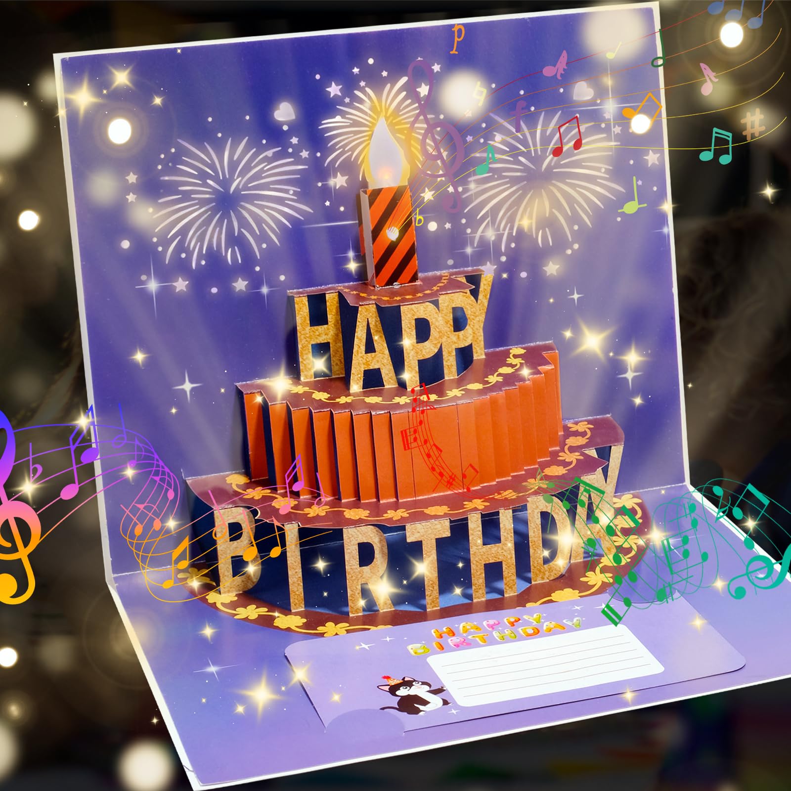 CANREVEL Birthday Cards 3D Pop Up Fireworks Greeting Cards, Musical & LED Lights Birthday Gifts Card with Blowable Candle Orange Cake Happy Birthday