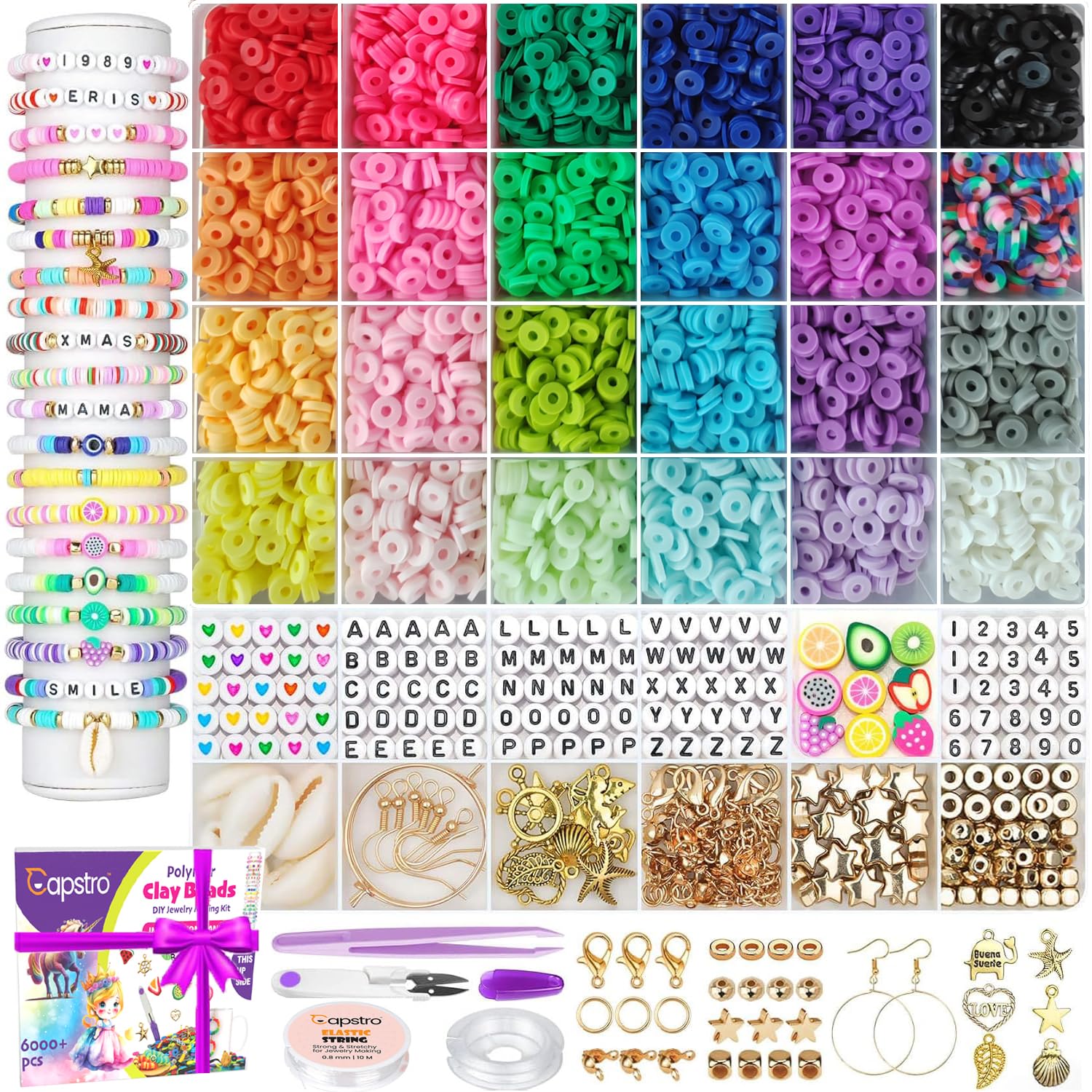 Capstro 6000+ Clay Beads Bracelet Making Kit – DIY Jewelry Kit with Charms, Alphabet Beads, Elastic String – 24 Colors Flat Heishi Beads for Bracelets, Necklaces, Earrings & Gifts for Girls 6000 Pcs 24 Color Clay Beads Kit