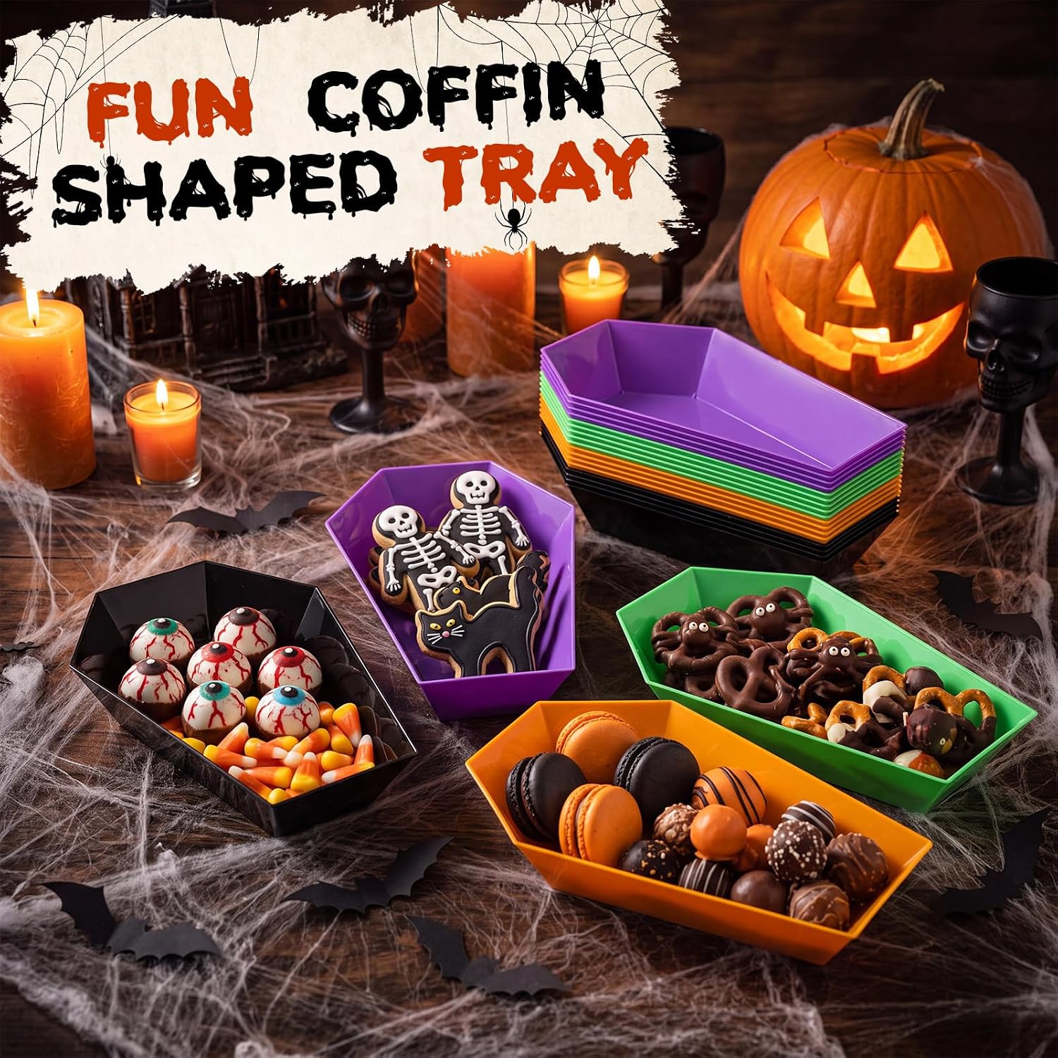Honeydak 24 Pcs Halloween Candy Bowl, Plastic Coffin Shaped Serving Trays image 3