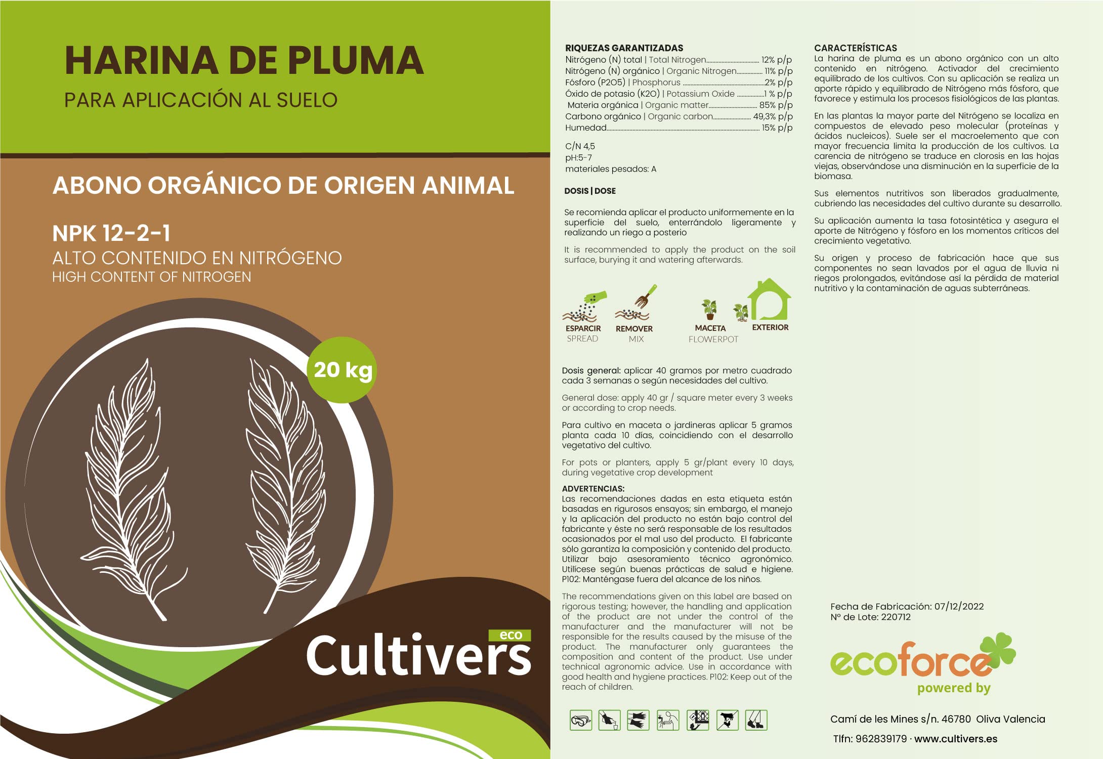 CULTIVERS Harina de Pluma 1 kg. NPK 12-2-1. Abono orgánico para plantas con alto contenido en Nitrógeno. Huertos, arboles florales/frutales y plantas ornamentales
