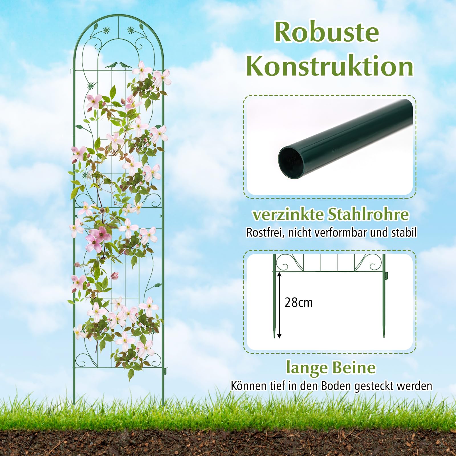 COSTWAY Kratka metalowa, zestaw 2 szt., dekoracyjne ogrodzenie ogrodowe, wolnostojąca podpora dla roślin pnących, kratka ogrodowa do wbijania, kratka wspinaczkowa dla roślin pnących, kwiatów, ogórków