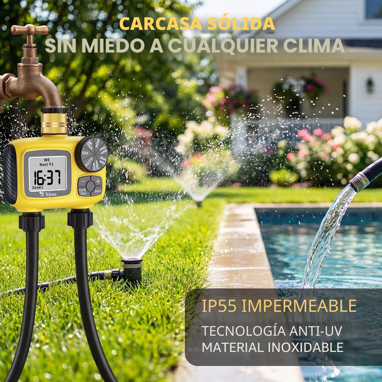 Ordenador de Riego con 2 Salidas, Riego por Goteo Programable con Entrada de Latón,Riego Automático con Temporizador, IP55, Resistente al Agua,Sistema de Temporizador de Riego Digital