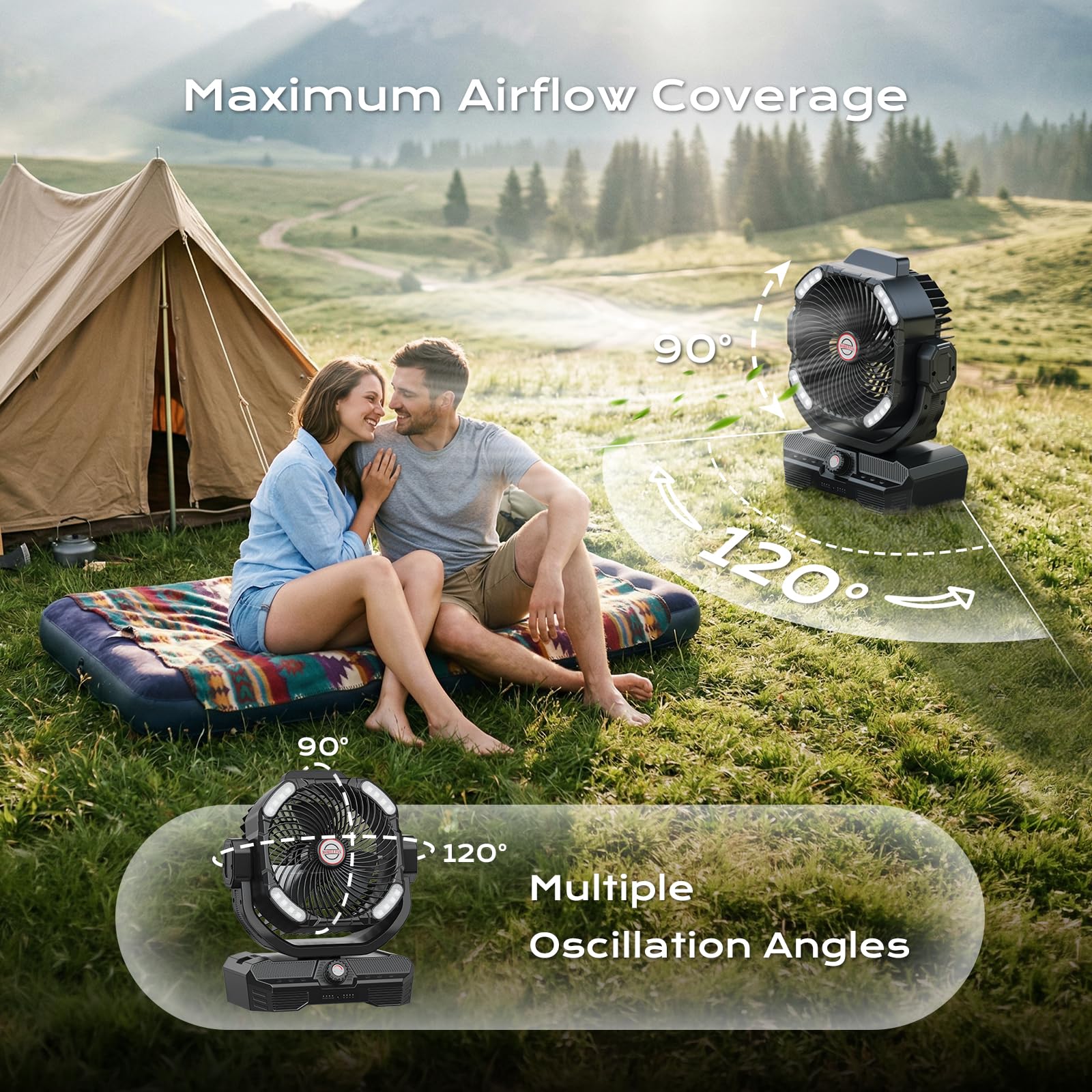 Grande ventilatore da campeggio alimentato a batteria, 27000 mAh, ventilatore da pavimento oscillante a batteria ricaricabile da 38,1 cm, con telecomando e luce notturna a LED, portatile, per tenda