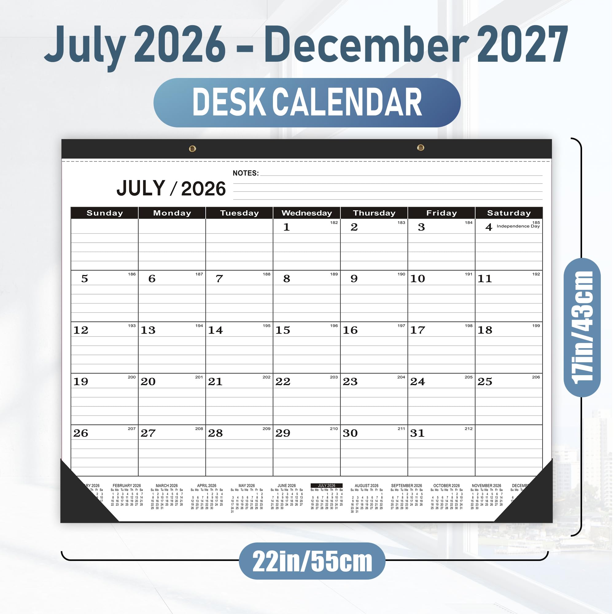 Calendario da tavolo 2024-2025, da luglio 2024 a dicembre 2025, grande calendario da scrivania 2024-2025, calendario per aule 43,2 x 55,9 cm con copertina in PVC, fori rotondi e elenco note (nero)