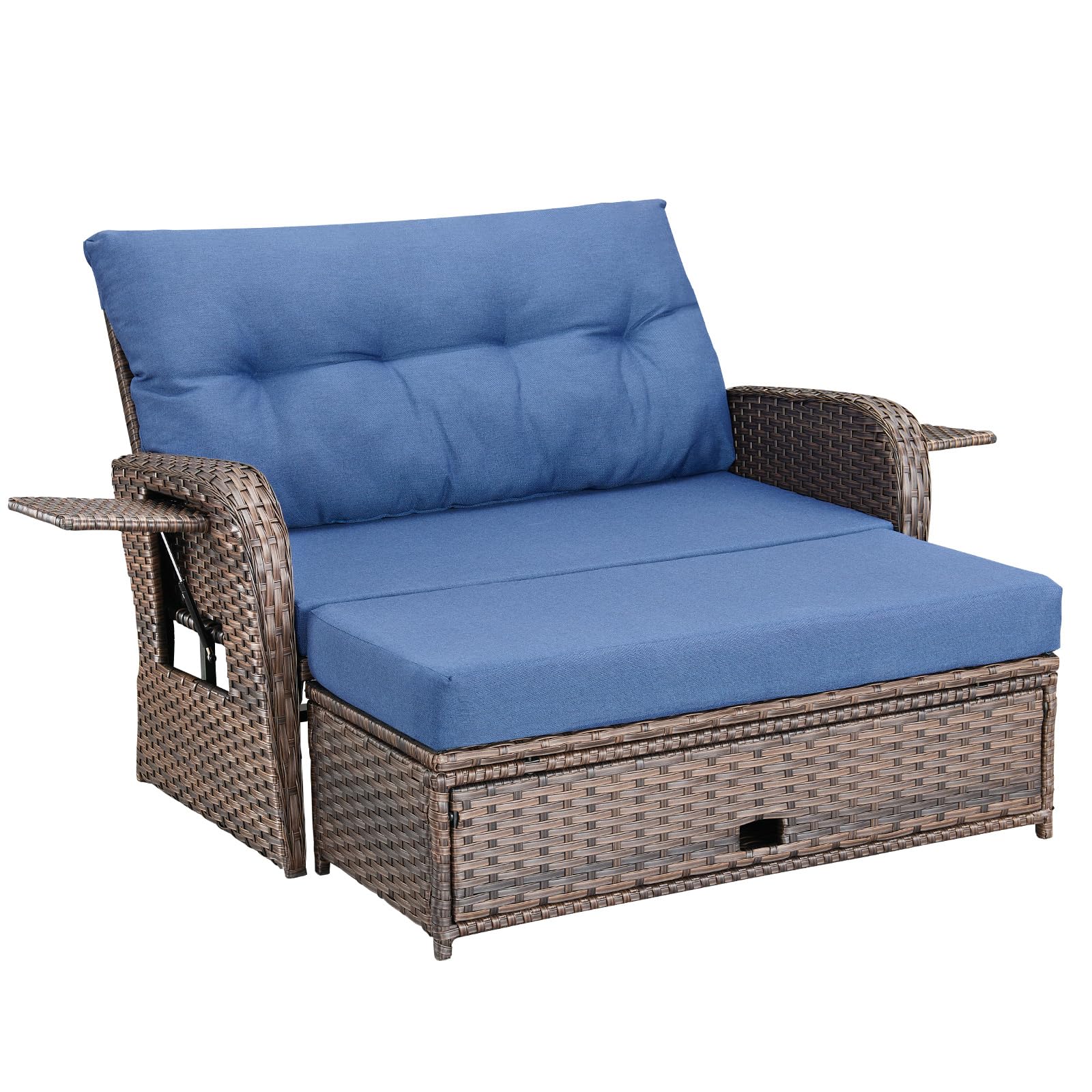 Belord Oversize Outdoor Daybed Set - Patio Recliner Loveseat with Storage Ottoman, Wicker Double Lounge Chair wth 5 Level Adjustable Backrest and 2