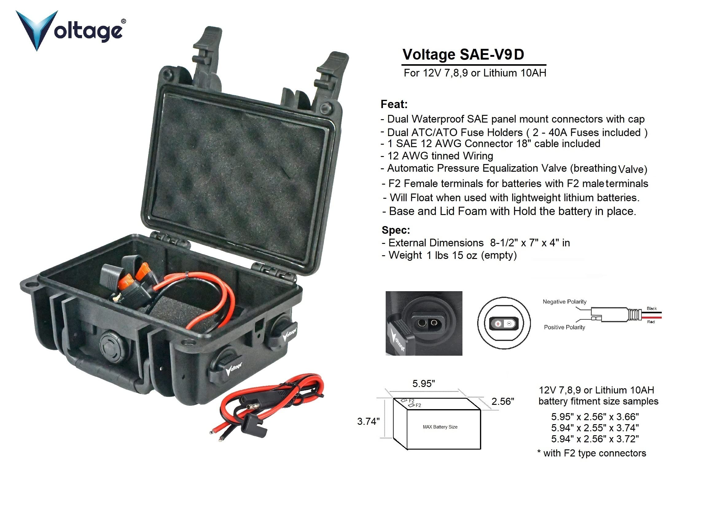 Voltage Waterproof Battery Box Enclosure with Dual SAE Connector for 12V 9ah, 12V 8ah or Lithium 12V 10ah Batteries Kayak Fishfinder, GPS, Lighting and Outdoor Solar Systems (Dual SAE Connectors)