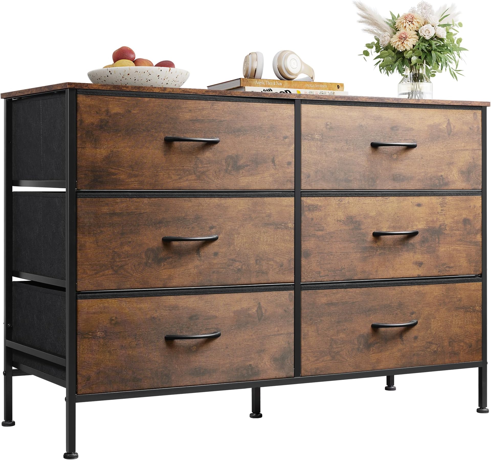 Dresser for Bedroom with 6 Drawers, Wide Dresser TV Stand for 50 Inches TV, with Fabric Drawers, Metal Frame, Wooden Top, Storage Dressers for Bedroom, Hallway, Entryway, Rustic Brown