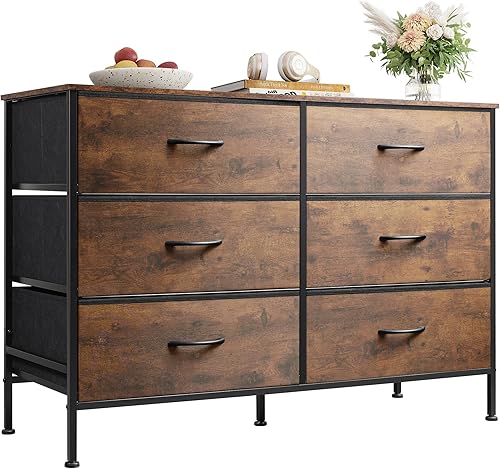 WLIVE Cómoda para dormitorio con 6 cajones, cómoda ancha para TV de 50 pulgadas, con cajones de tela, marco de metal, parte superior de madera,