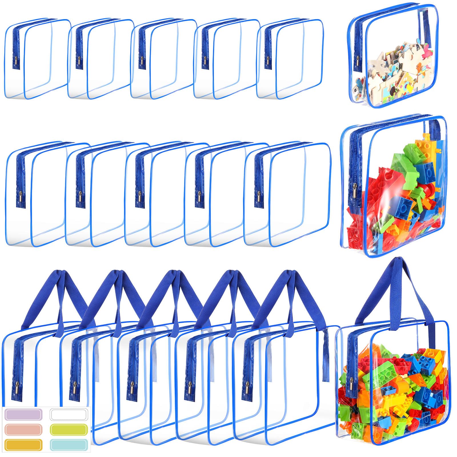 Photo 1 of *** missing some** 18 Packs Large Toy Storage Bags with Labels, Clear PVC Bags Travel Waterproof Kids Toy Organizer Bags with Zipper for Building Blocks Puzzle Kids Books (Blue-3 Size)