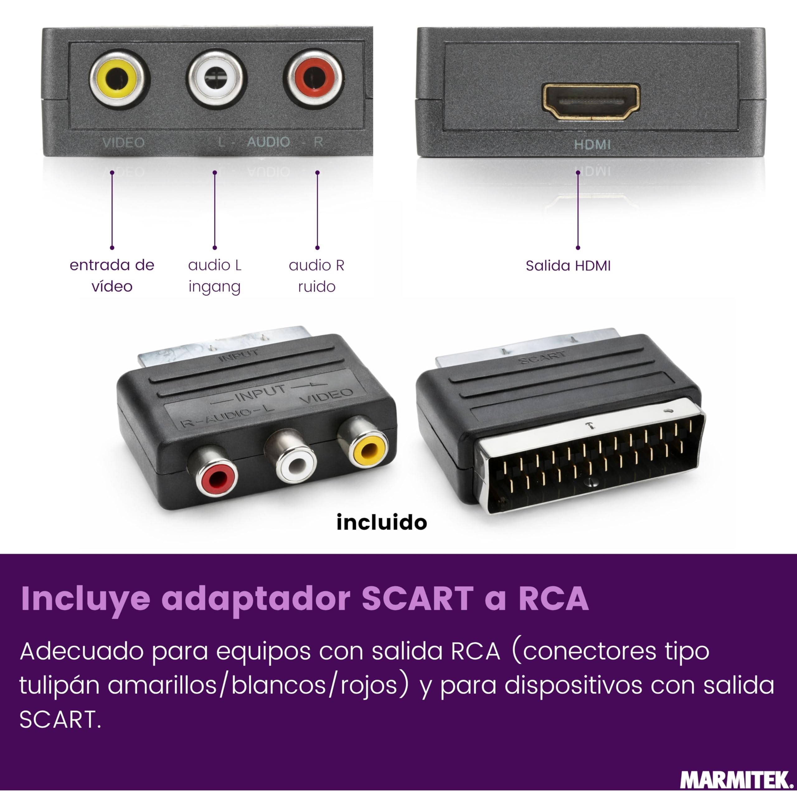 Marmitek Connect AH31 - Convertidor SCART RCA AV a HDMI 720p 1080p | Adaptador para TV y proyector, convierte vídeo compuesto y audio estéreo a HDMI, selector 720p/1080p y Plug & Play