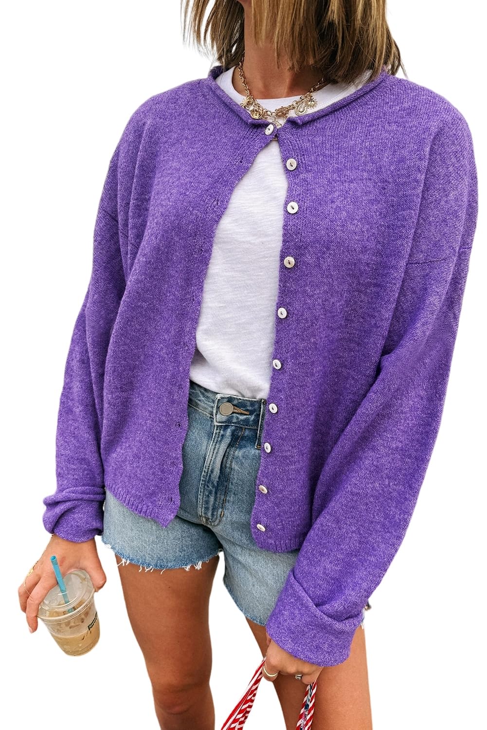 MARZXIN Womens Casual Sweater Bright Green Solid Color Knit Button Drop Shoulder Sweaters Cardigan