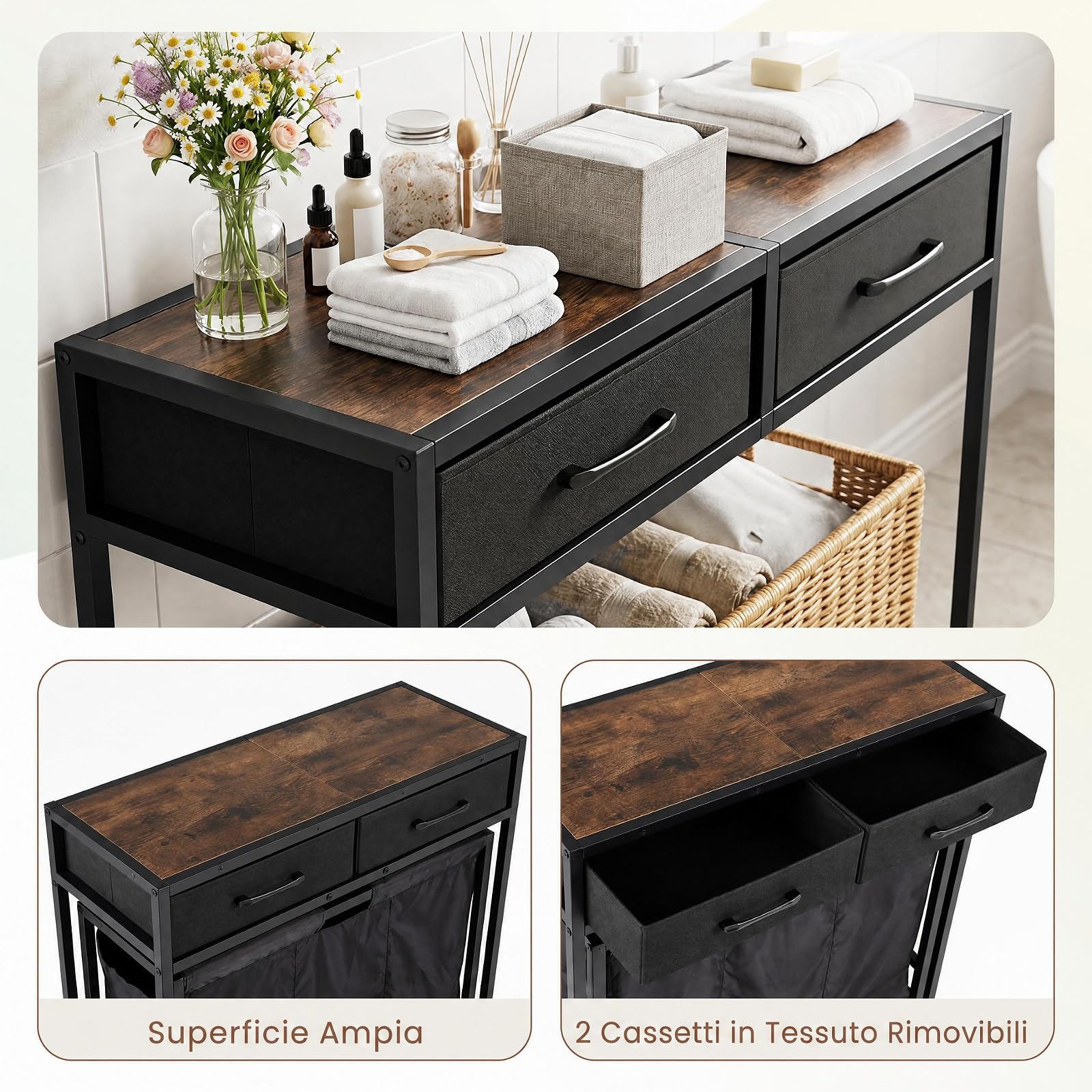 COSTWAY Cesto Portabiancheria 67,5Lcon Ruote, Tavolino con Cassetti Marrone