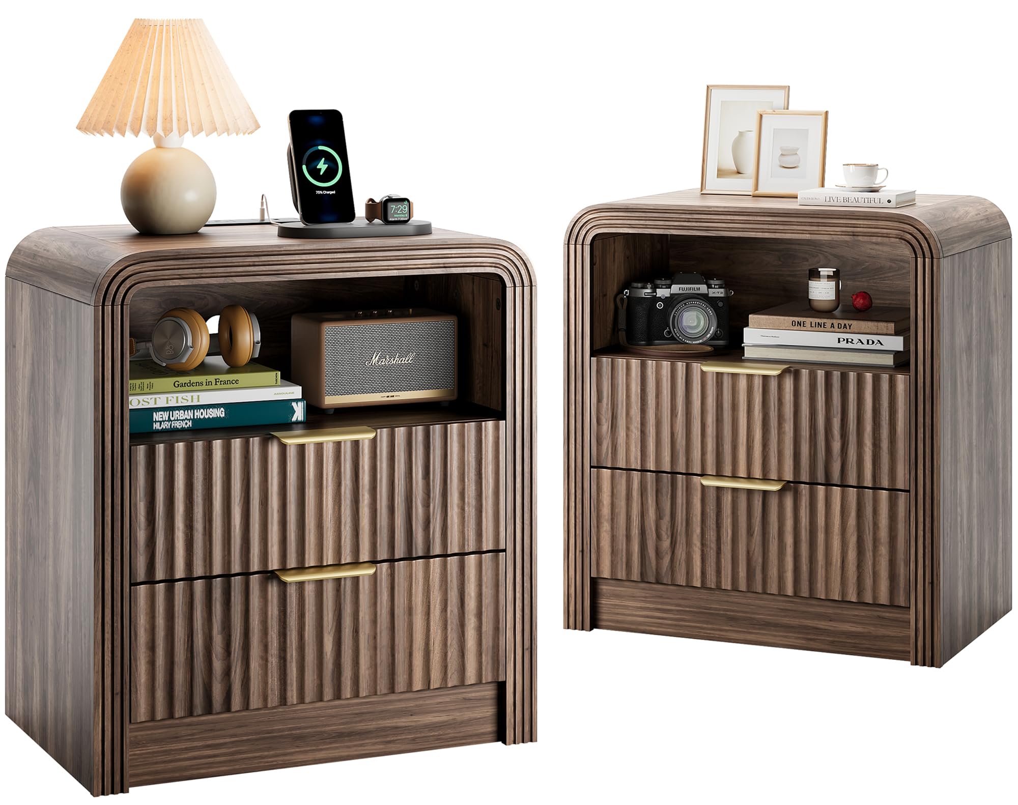 Photo 1 of *** BROKEN PLANKS, AND MISSING ASSEMBLY PIECES ***Decofy Fluted Nightstand Set (2) with Charging Station - Walnut