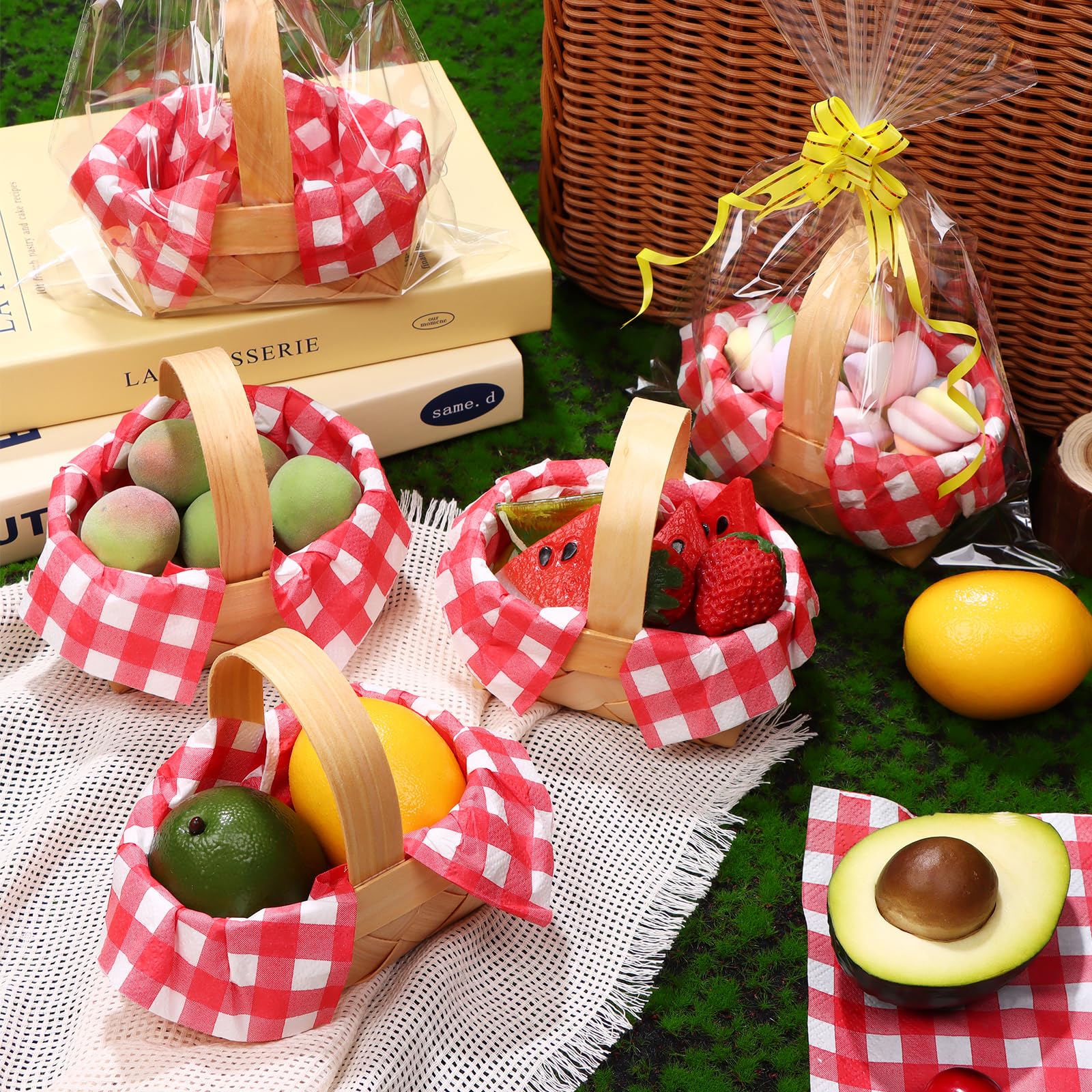 Gewebte Mini-Körbe mit Griffen, 24 Papierservietten, 30 Plastiktüten, 30 mehrfarbige Schleifen, 30 metallische Bindebänder, Blumen, Obst, Picknick, Chip-Eimer für Hochzeit, Party, Geschenk, Dekoration