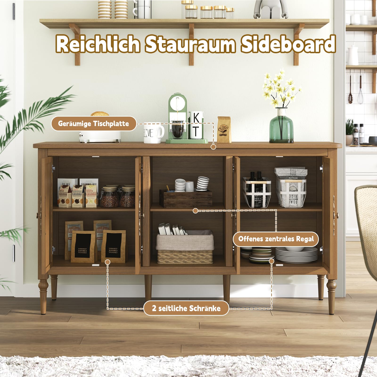 HOLTICO Kommode mit 4 Türen und Offenes Schrank, Vintage Akzent Sideboard Buffet Schrank Holz, Braun Kommoden & Sideboards für Wohnzimmer, Esszimmer, Küche