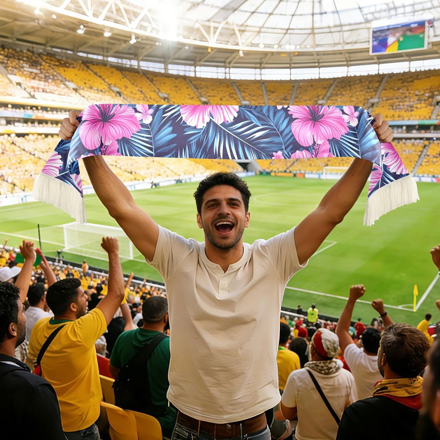 CHIFIGNO Pink Blue Tropical Flowers Sports Fan Scarf for Cheering, Soft Polyester Sweat Towel Wrap with Fringe Ends, Quick Dry Soccer Scarf
