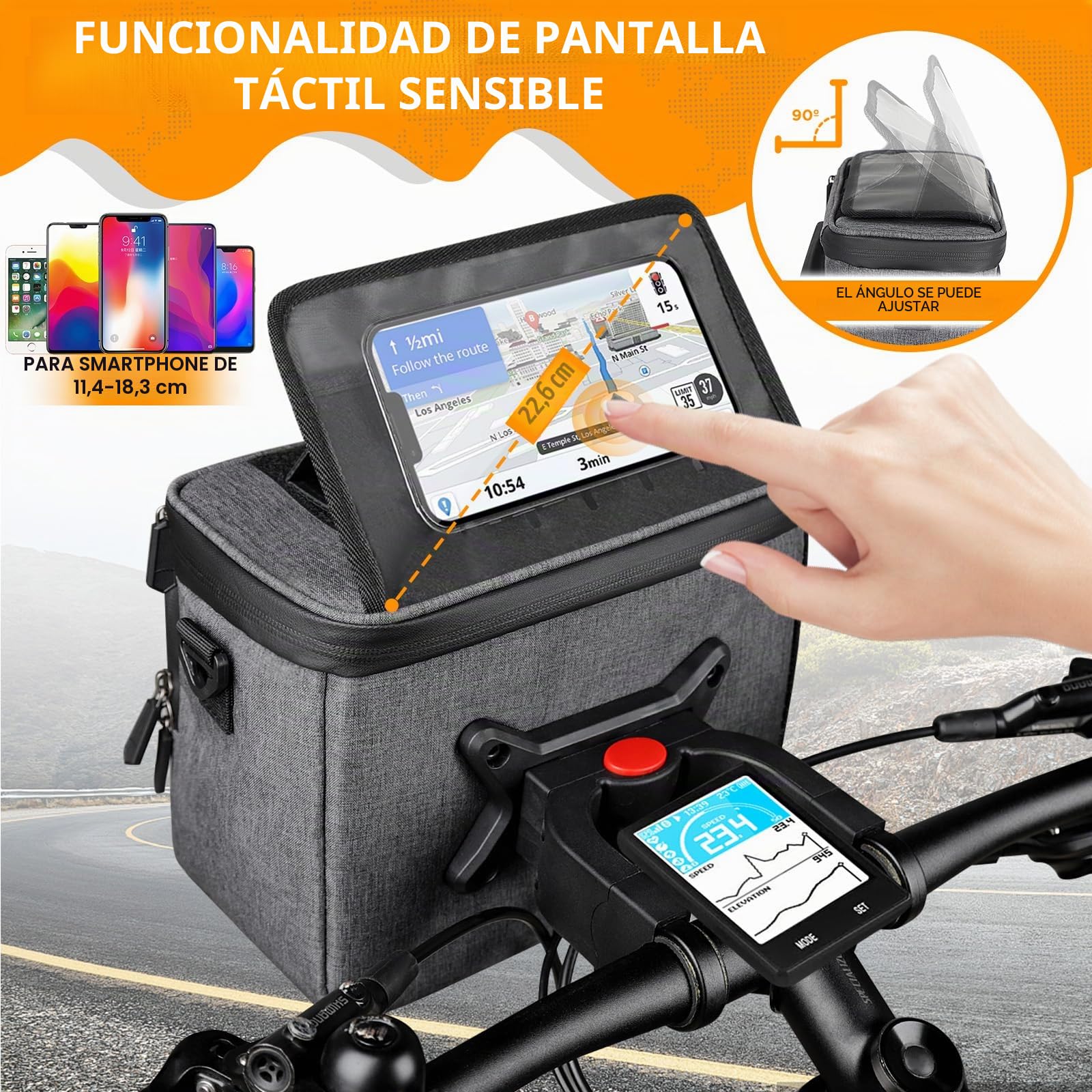 GXCROR Bolsa para manillar de bicicleta de 5,5 L con pantalla táctil, soporte para teléfono móvil, impermeable, para todos los teléfonos móviles, D27GXC