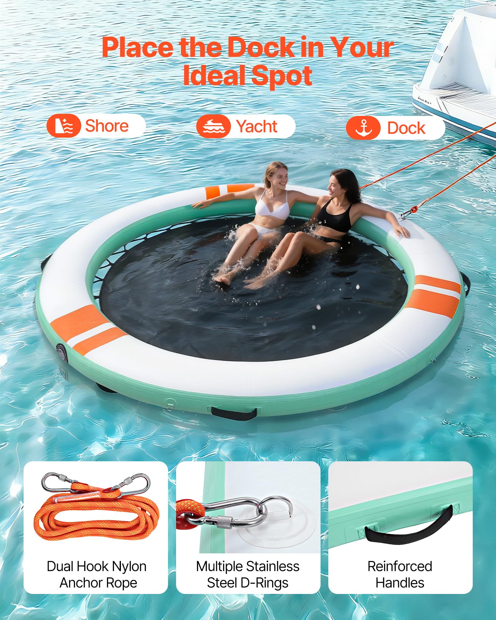 VEVOR Colchoneta para Piscina, Diámetro de 3,66 m, Flotador Inflable Gigante en Forma Redonda, con Malla Escalera Desmontable Bolsa de Transporte, Hamaca Inflable Isla de Agua para Piscina Playa Lago