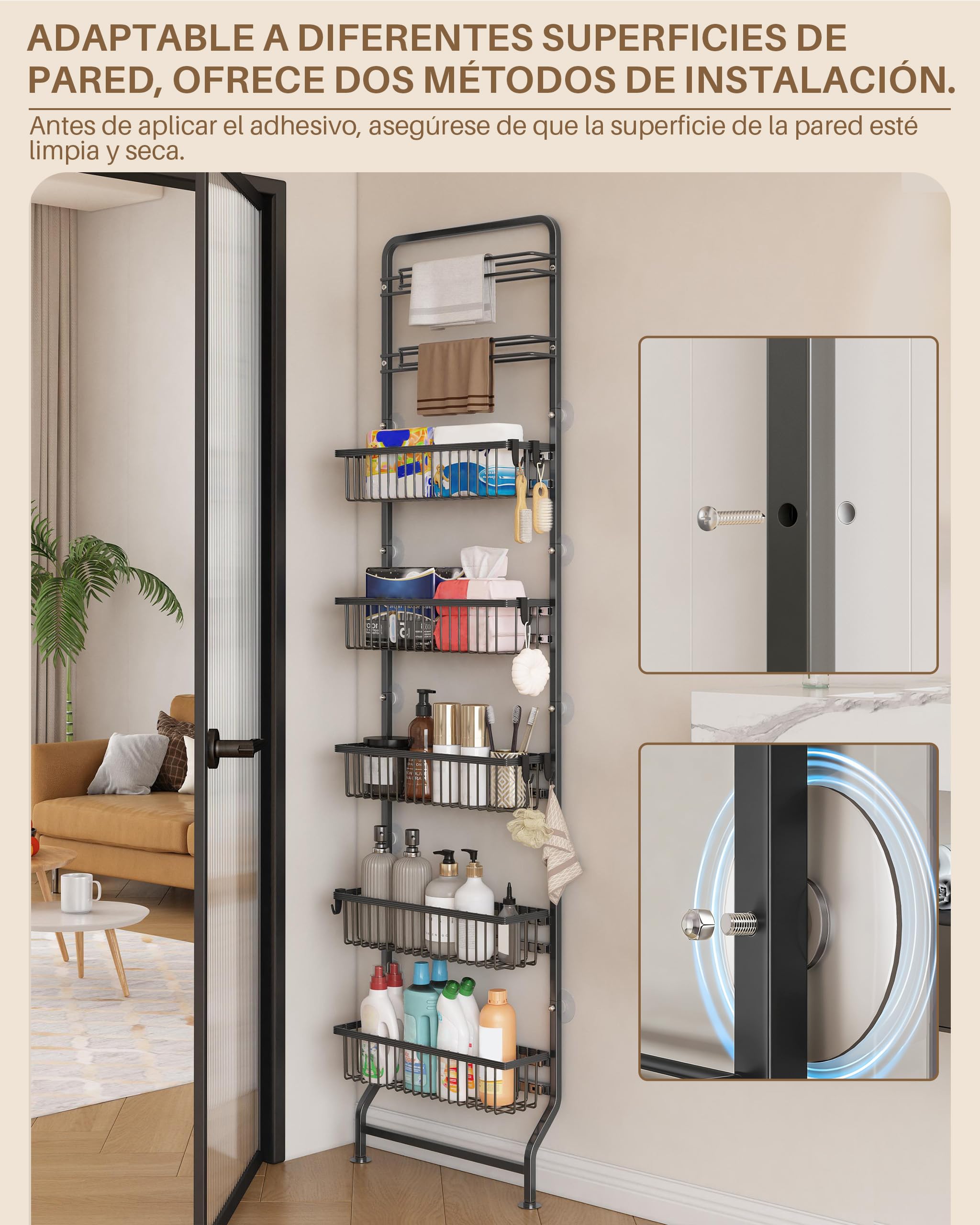 UMDONX Organizador de Especias 7 Niveles con Bandejas Deslizantes, Especiero para Puerta de Cocina con Portarrollos de Papel Integrado, Negro