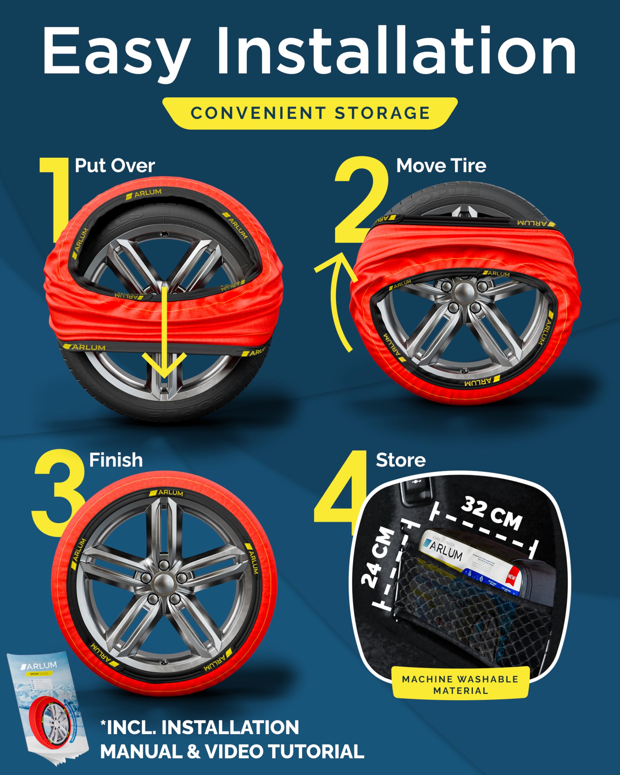 ARLUM Fundas Rueda Nieve para Coche Homologado EN 16662-1 - Dos Cadenas Nieve de Tela para Coche. Snow Sock Talla XL para R14-R22 (Tamaños de Neumáticos Detallados en el Interior) (Control, XL)