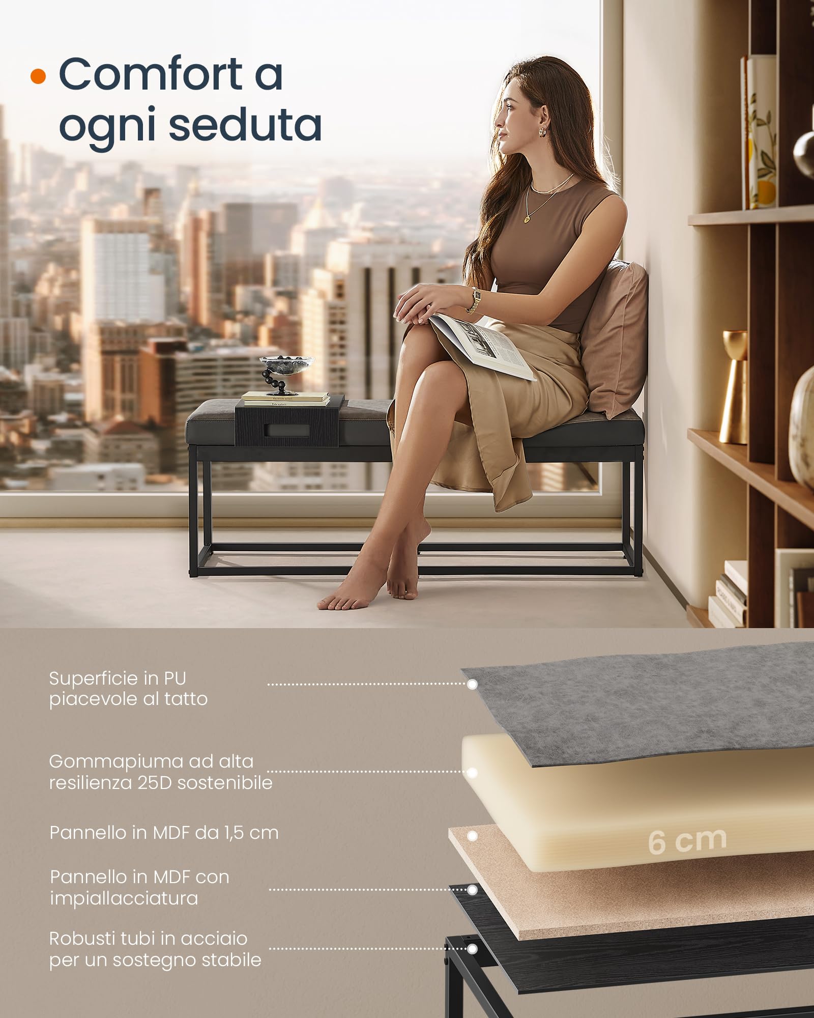 Panca Imbottita SONGMICS LUIZ - Reversibile, Ripiano Rimovibile, Portata 300kg, Marrone Noce - Foto 3