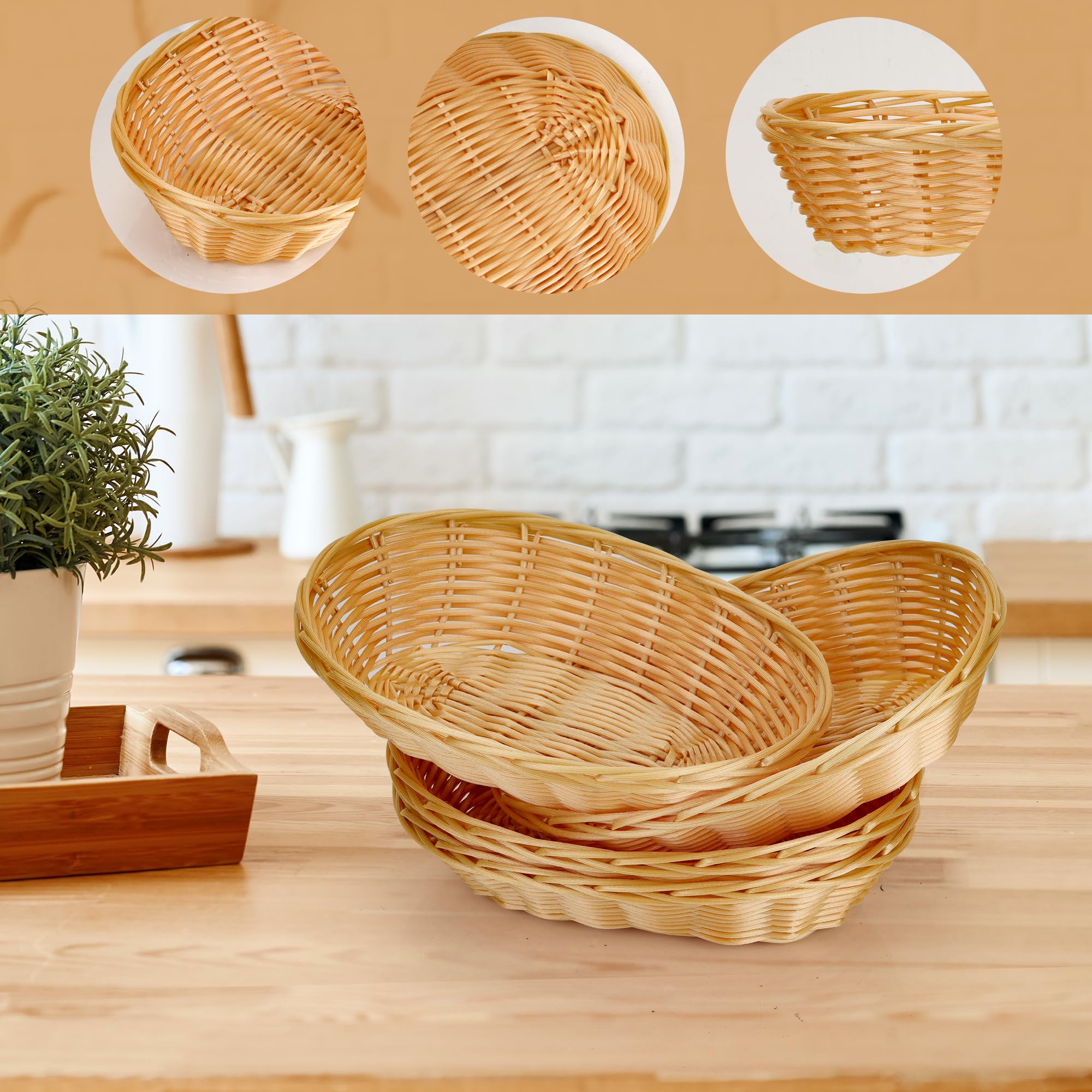 Lot de 12 petites corbeilles à pain ovales en plastique tressé - 22 x 17 x 6 cm - Panier de service en imitation rotin pour cuisine, restaurant, centre de table